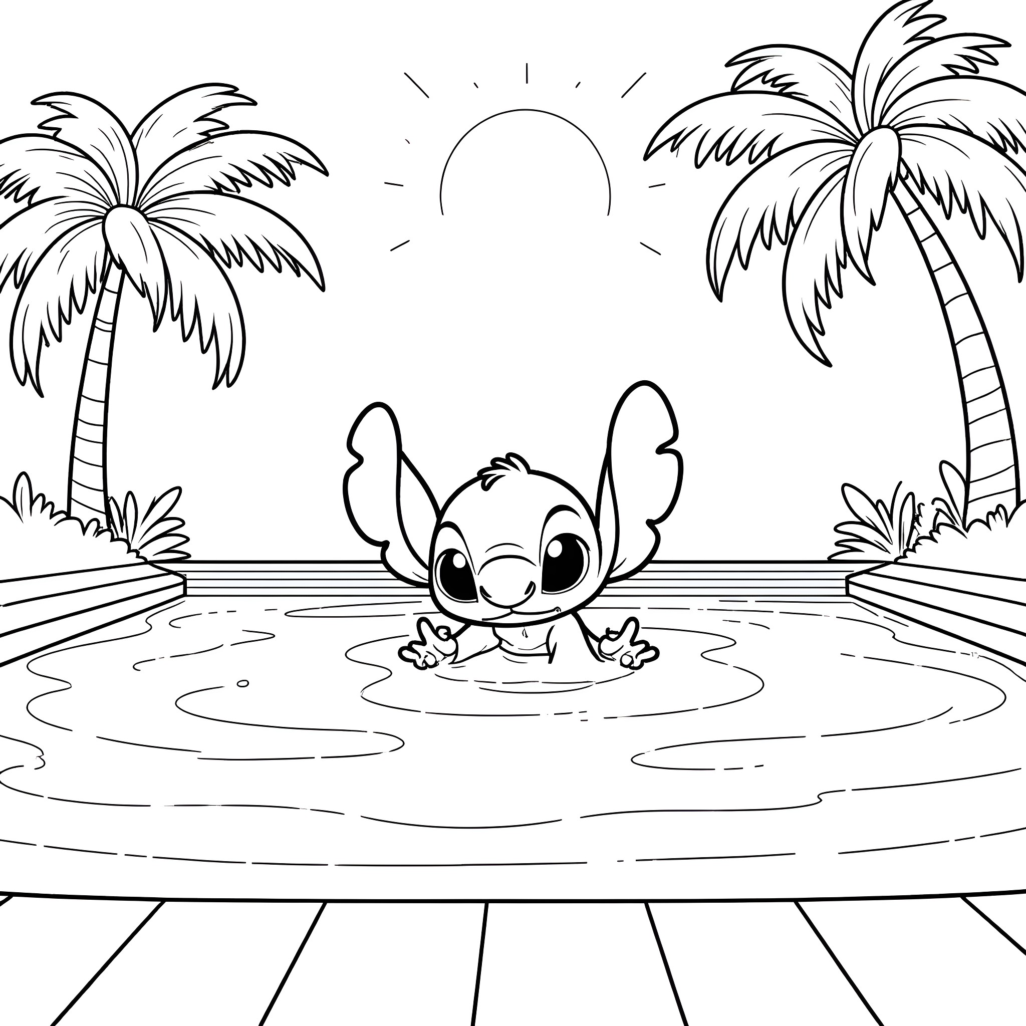 Stitch playing in the tropical paradise Coloring Page (free black-and-white line drawing printable PDF for all, from beginners to advanced learners, including children, teens, adults, and seniors)