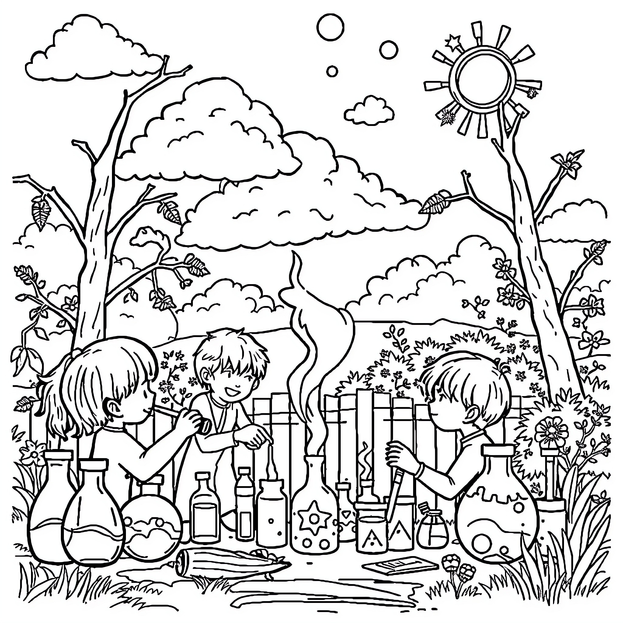 Science Experiment in the Outdoor Nature Scene Coloring Page (free black-and-white line drawing printable PDF for all, from beginners to advanced learners, including children, teens, adults, and seniors)