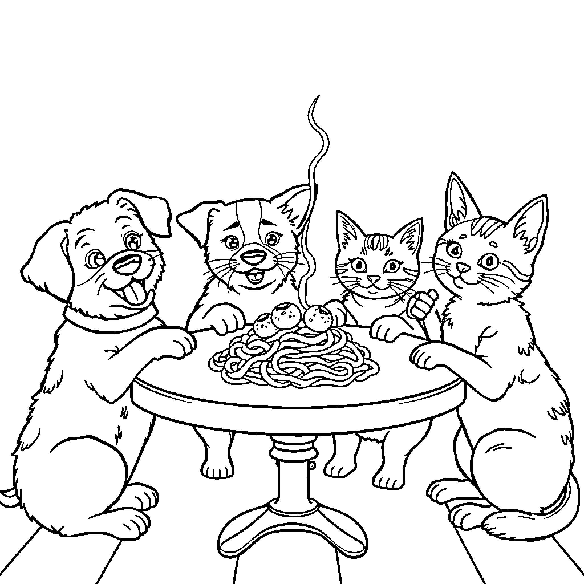 Dog and Cats Enjoying a Meal Together Coloring Page (free black-and-white line drawing printable PDF for all, from beginners to advanced learners, including children, teens, adults, and seniors)
