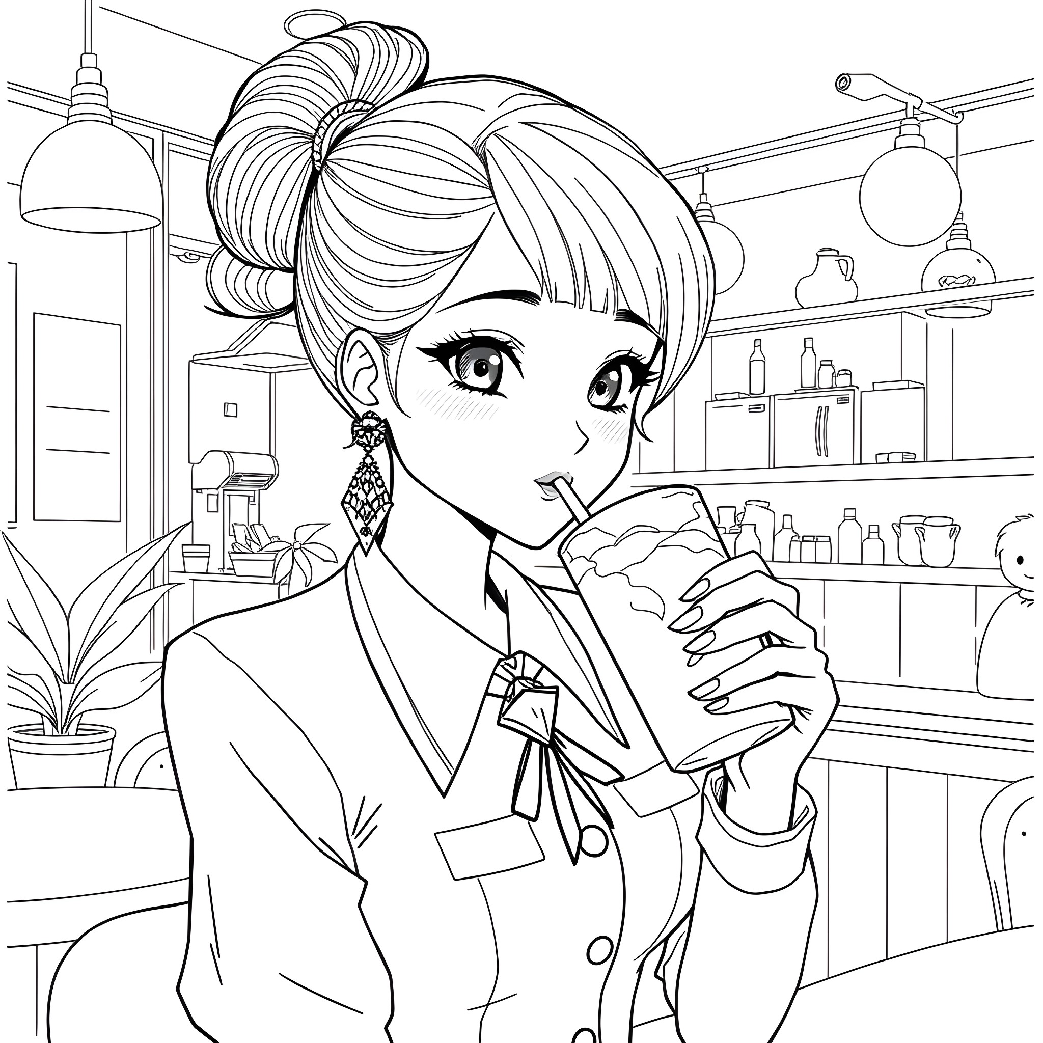 Girl working diligently in a cafe Coloring Page (free black-and-white line drawing printable PDF for all, from beginners to advanced learners, including children, teens, adults, and seniors)
