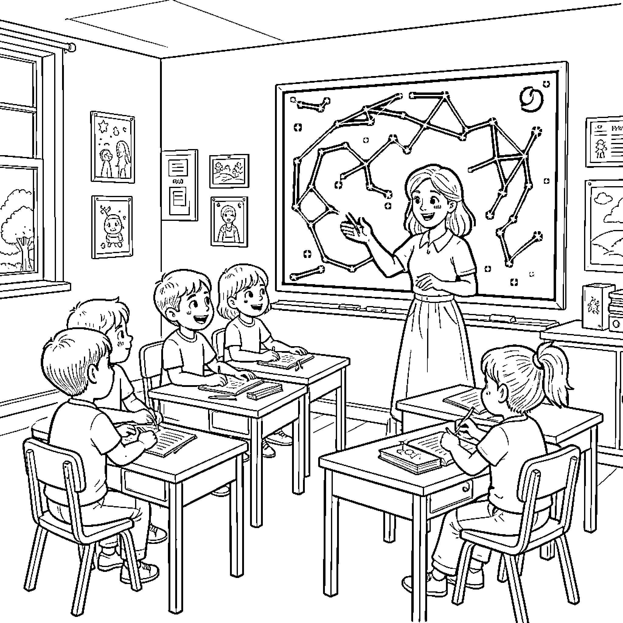 Child Learns Science with Enthusiasm in Classroom Coloring Page (free black-and-white line drawing printable PDF for all, from beginners to advanced learners, including children, teens, adults, and seniors)