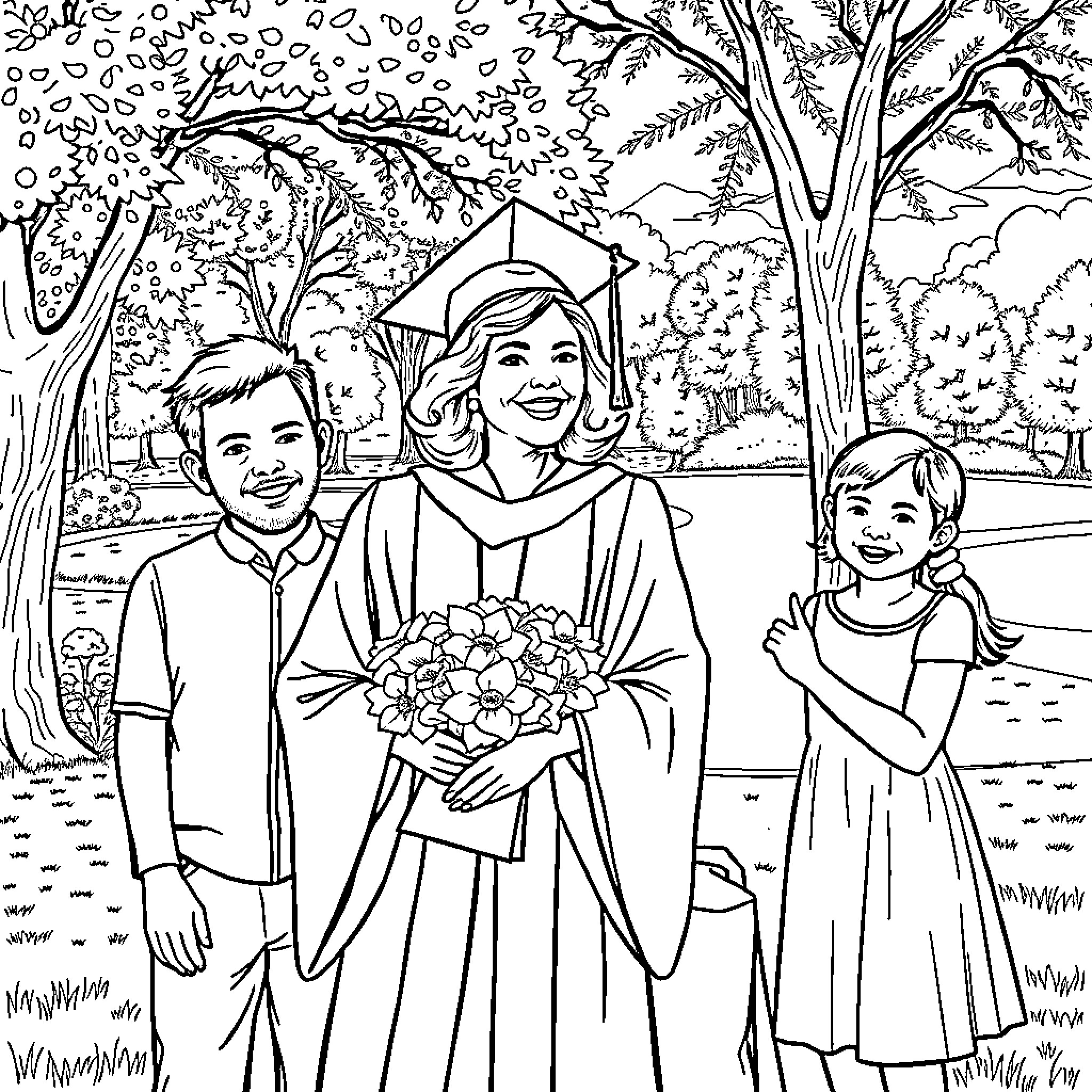 Mom celebrates graduation with her children in the park Coloring Page (free black-and-white line drawing printable PDF for all, from beginners to advanced learners, including children, teens, adults, and seniors)