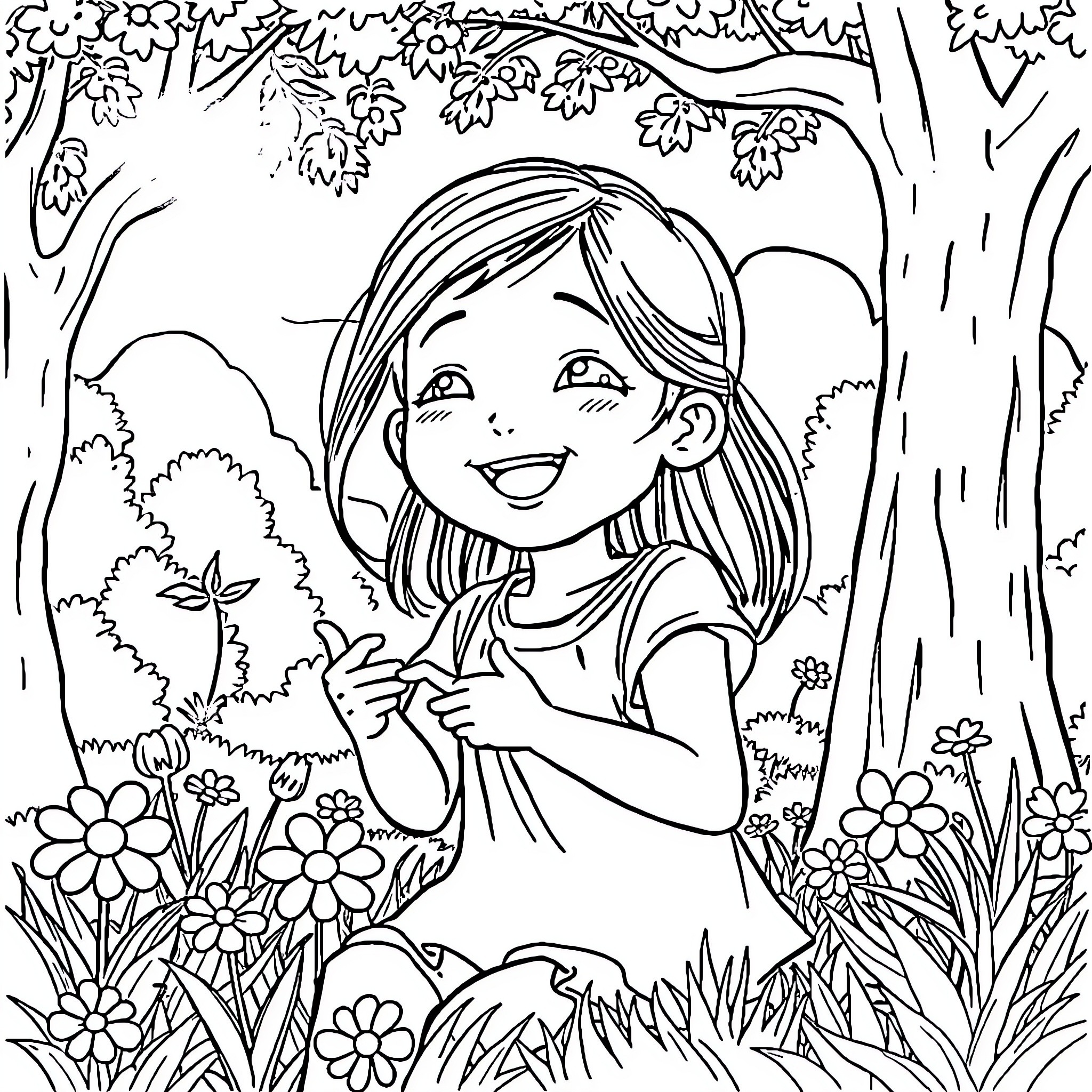 Girl exploring the natural world with joy Coloring Page (free black-and-white line drawing printable PDF for all, from beginners to advanced learners, including children, teens, adults, and seniors)
