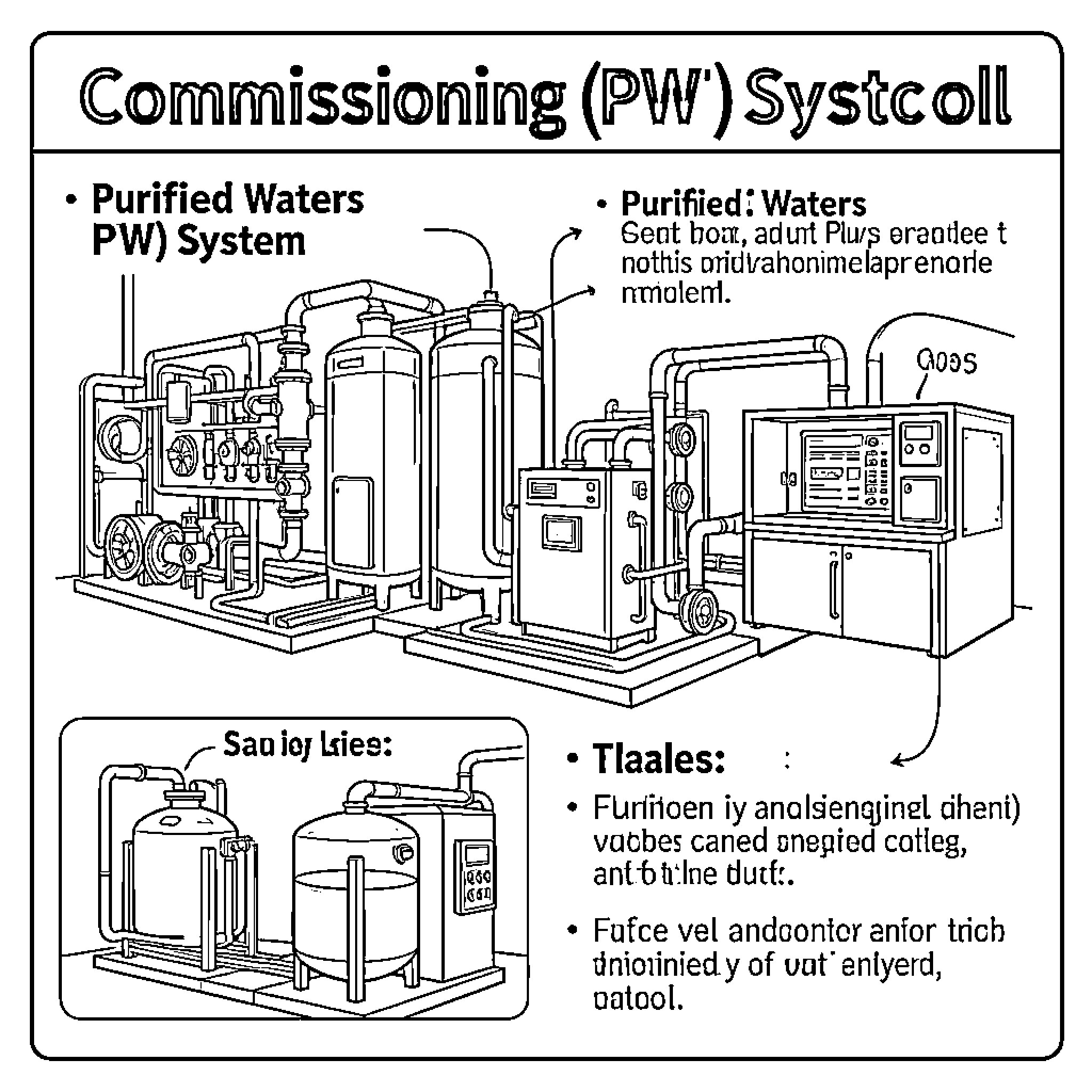 Purified Water system being commissioned with various industrial equipment Coloring Page (free black-and-white line drawing printable PDF for all, from beginners to advanced learners, including children, teens, adults, and seniors)