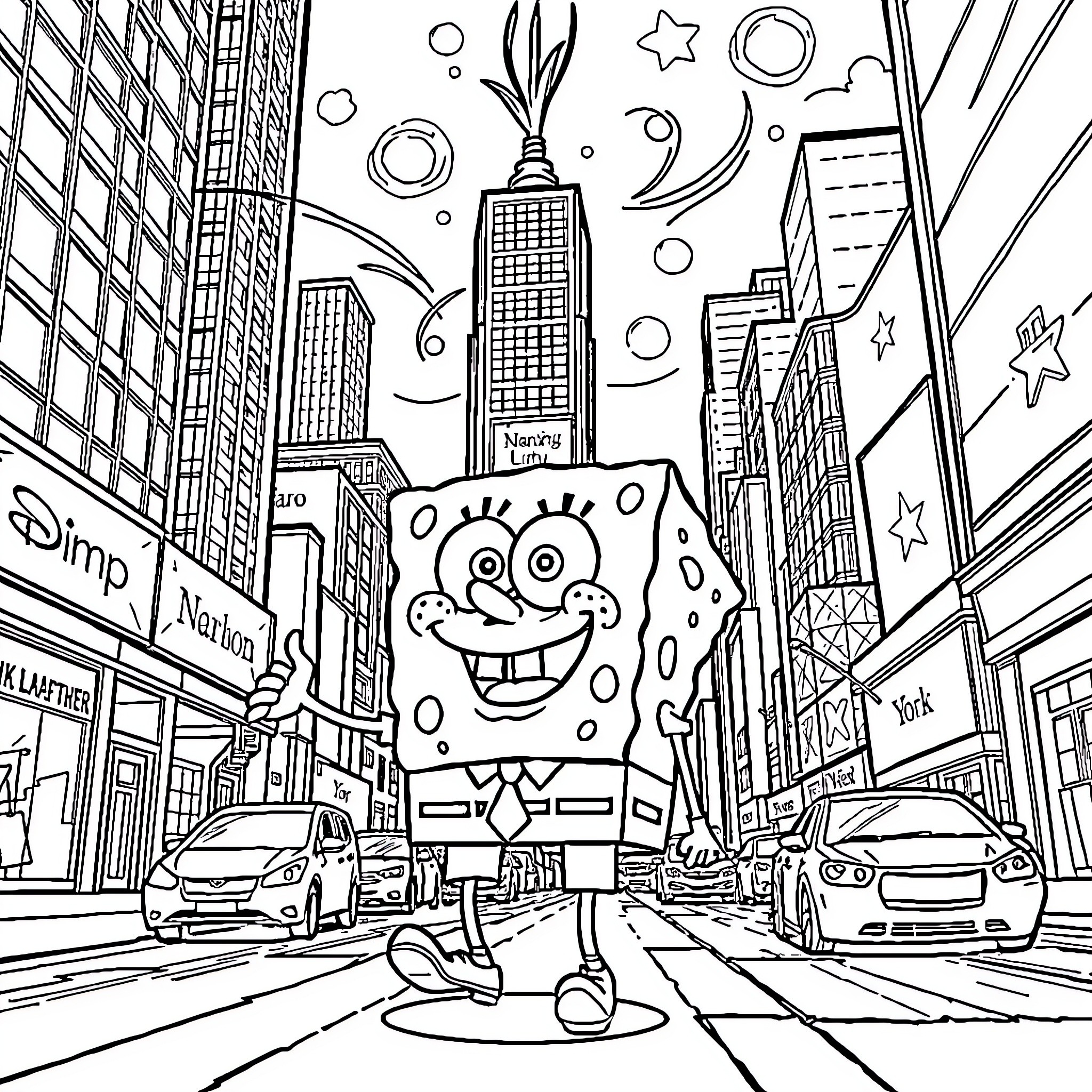 Spongebob adventures in the big city Coloring Page (free black-and-white line drawing printable PDF for all, from beginners to advanced learners, including children, teens, adults, and seniors)