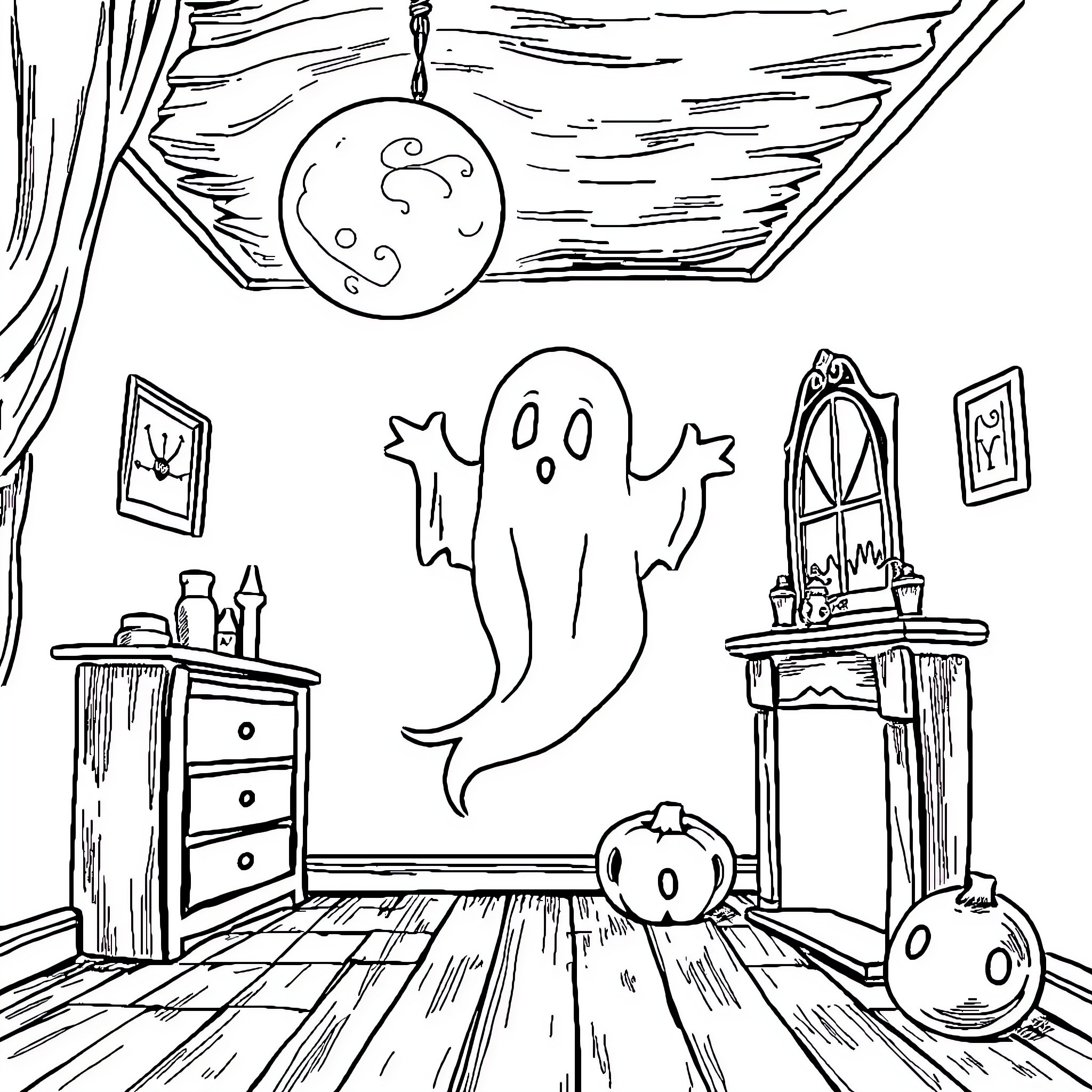 Ghost making mischief in the haunted house Coloring Page (free black-and-white line drawing printable PDF for all, from beginners to advanced learners, including children, teens, adults, and seniors)