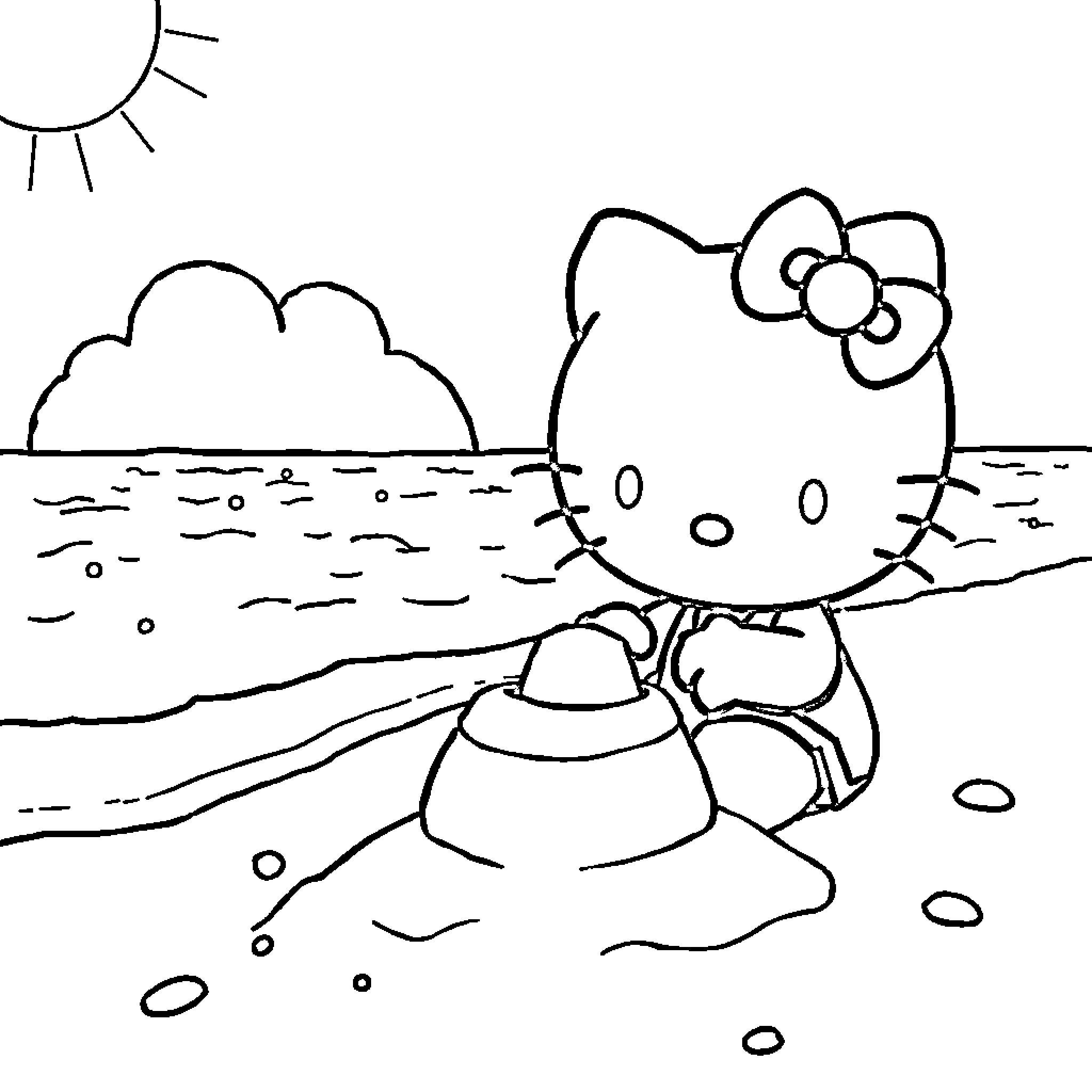 Hello Kitty playing in the sand on the beach Coloring Page (free black-and-white line drawing printable PDF for all, from beginners to advanced learners, including children, teens, adults, and seniors)