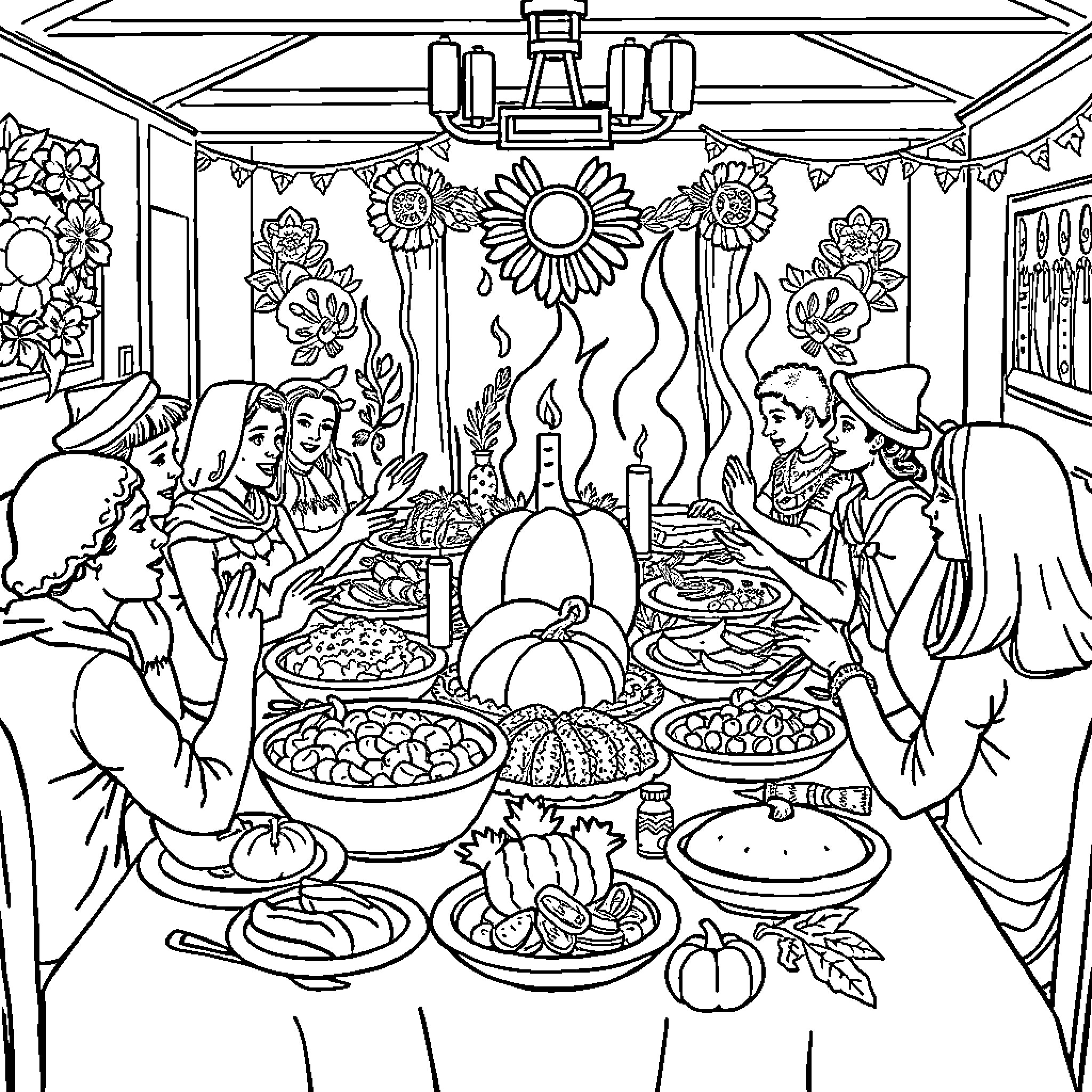 Thanksgiving Feast with Family and Friends Coloring Page (free black-and-white line drawing printable PDF for all, from beginners to advanced learners, including children, teens, adults, and seniors)