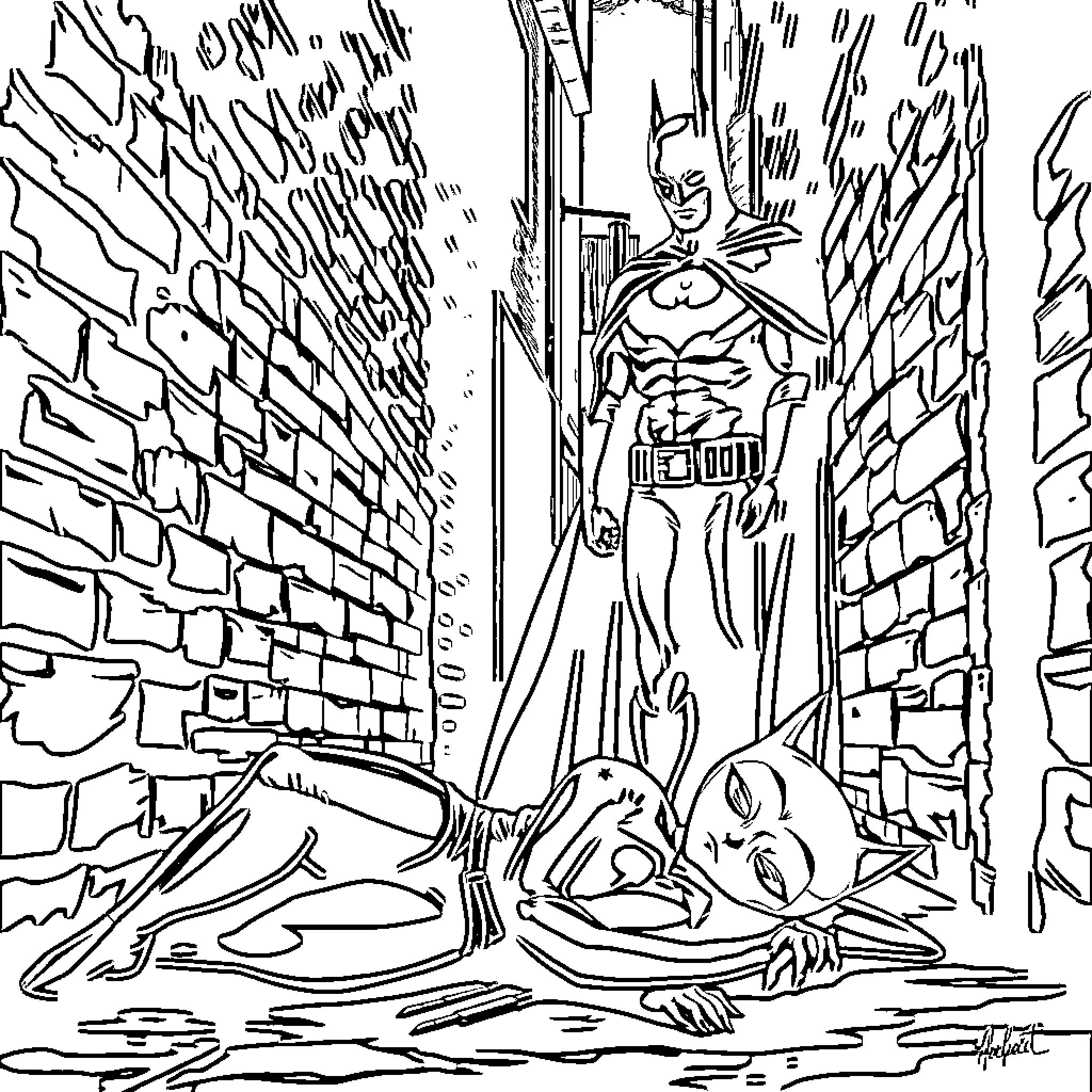 Batman facing a fallen enemy in a dark alley Coloring Page (free black-and-white line drawing printable PDF for all, from beginners to advanced learners, including children, teens, adults, and seniors)