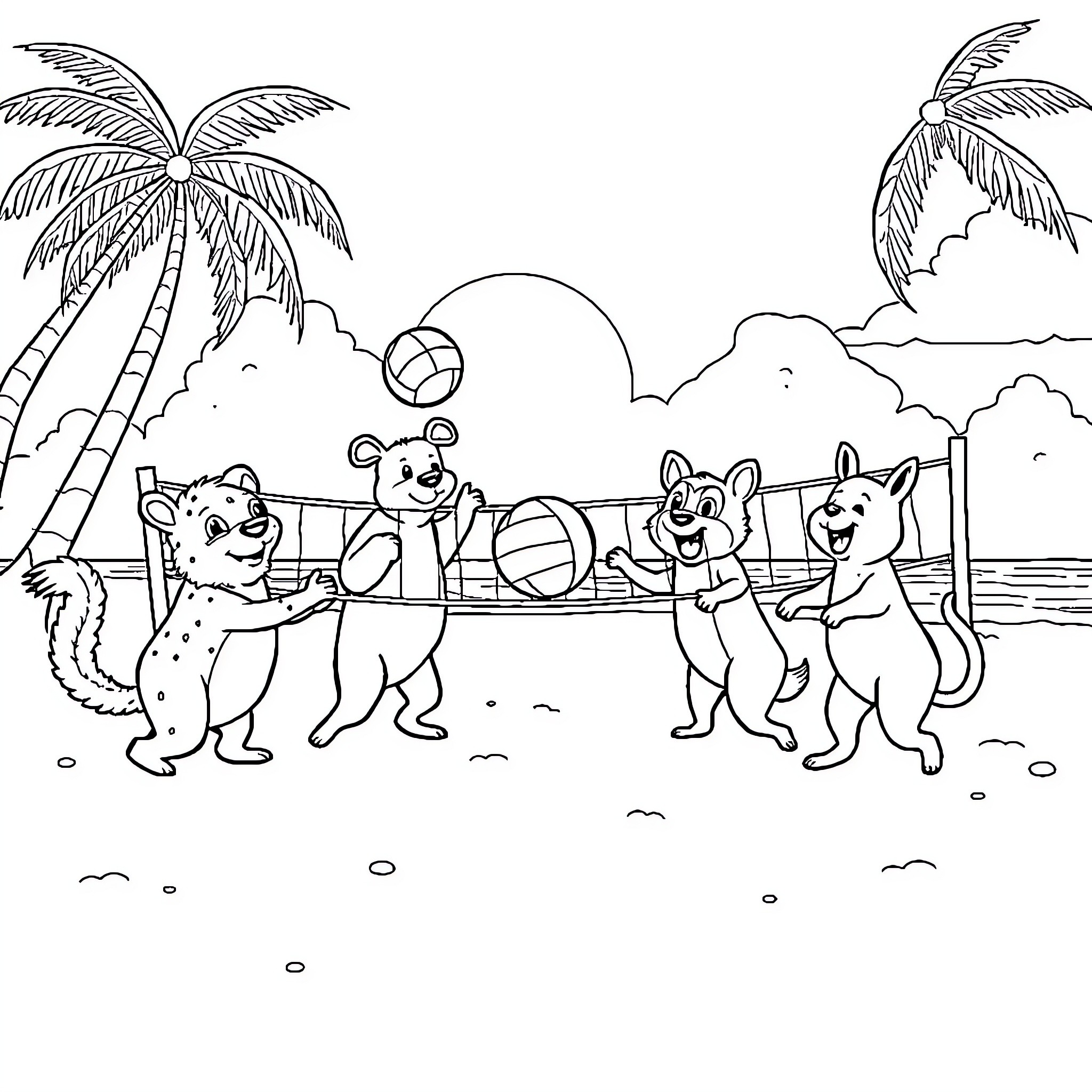 Animals playing volleyball on the beach Coloring Page (free black-and-white line drawing printable PDF for all, from beginners to advanced learners, including children, teens, adults, and seniors)