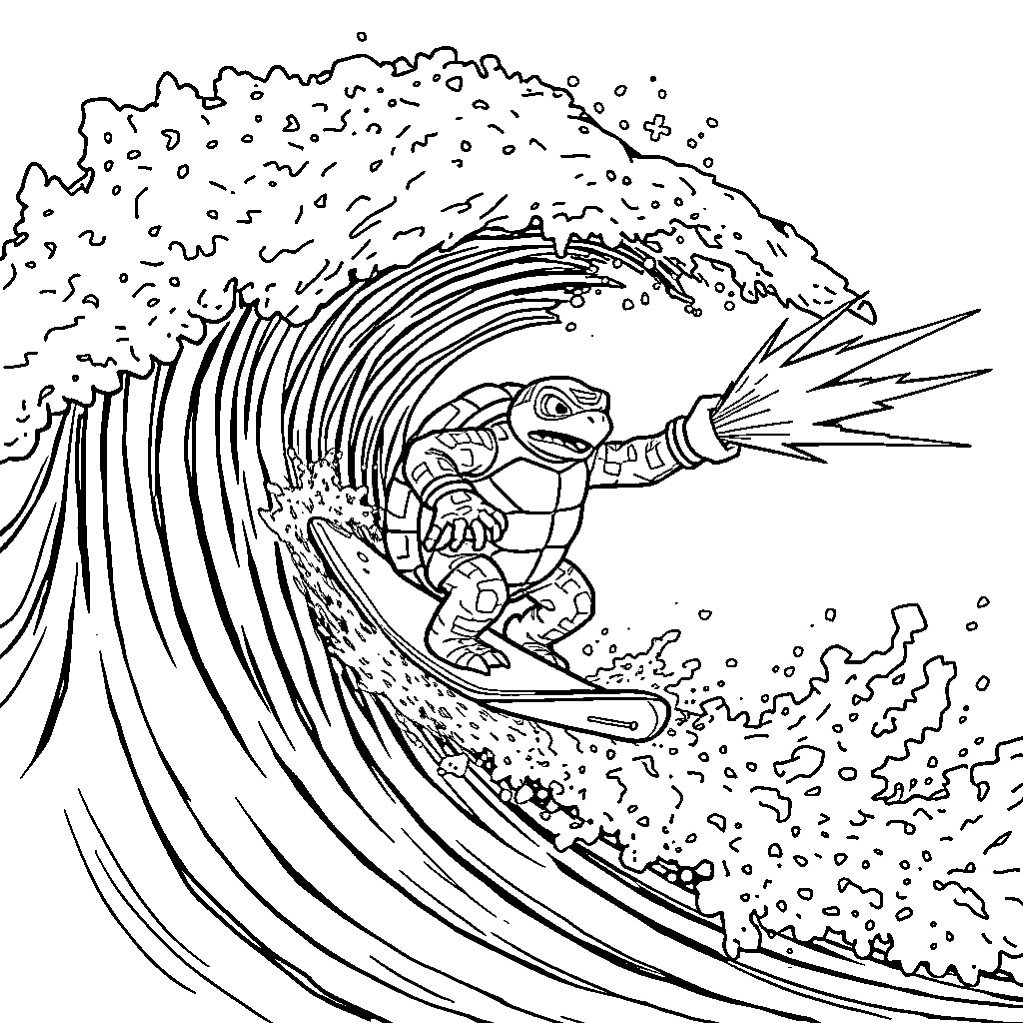 Blastoise surfing on a giant wave Coloring Page (free black-and-white line drawing printable PDF for all, from beginners to advanced learners, including children, teens, adults, and seniors)