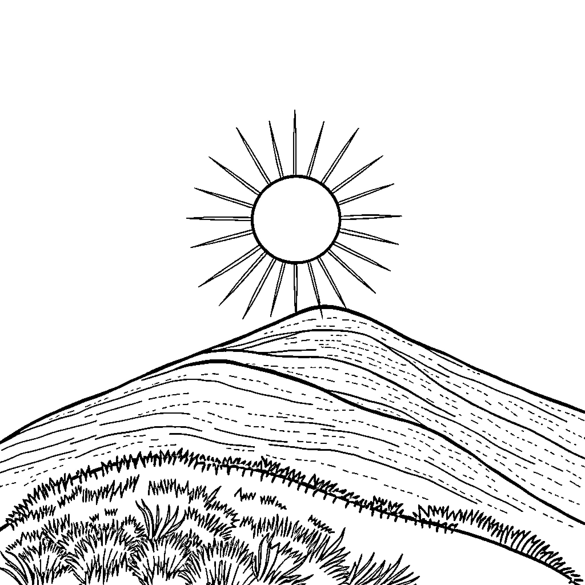 Sun Rises Over Mountainous Landscape Coloring Page (free black-and-white line drawing printable PDF for all, from beginners to advanced learners, including children, teens, adults, and seniors)
