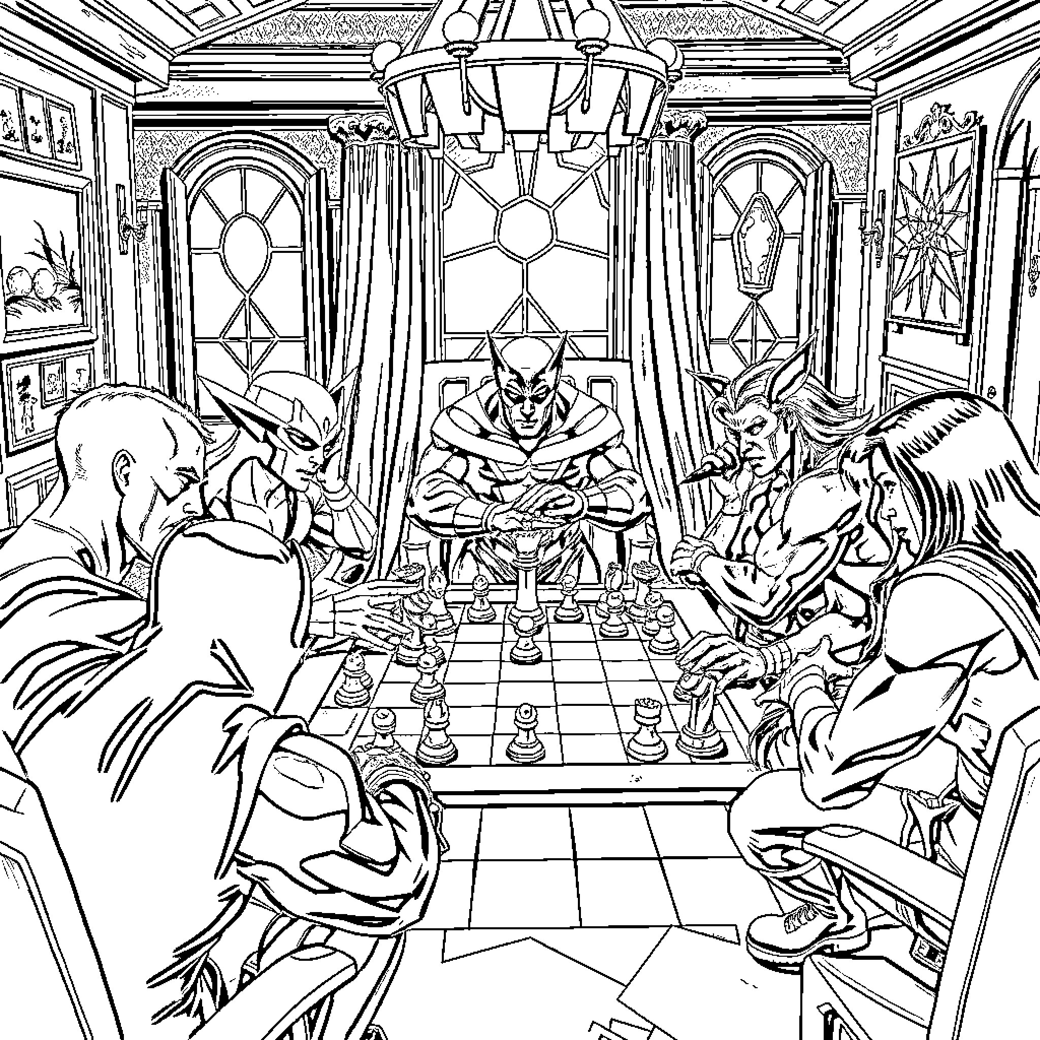 X-Men Playing Chess in Ornate Setting Coloring Page (free black-and-white line drawing printable PDF for all, from beginners to advanced learners, including children, teens, adults, and seniors)