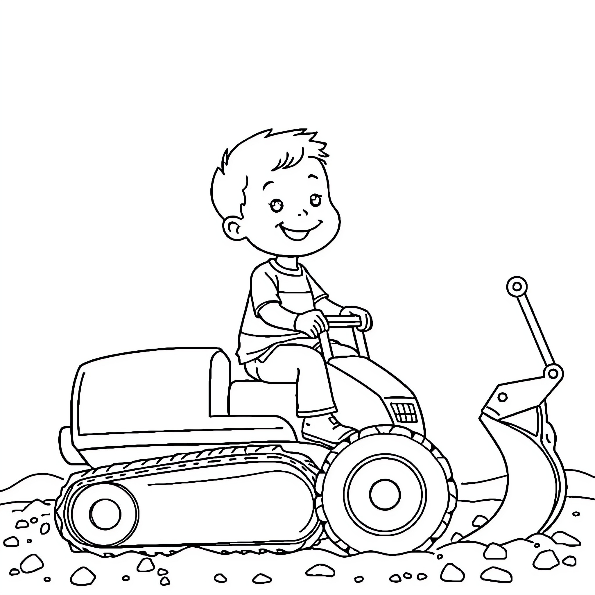 Boy riding a toy tractor on dirt path Coloring Page (free black-and-white line drawing printable PDF for all, from beginners to advanced learners, including children, teens, adults, and seniors)