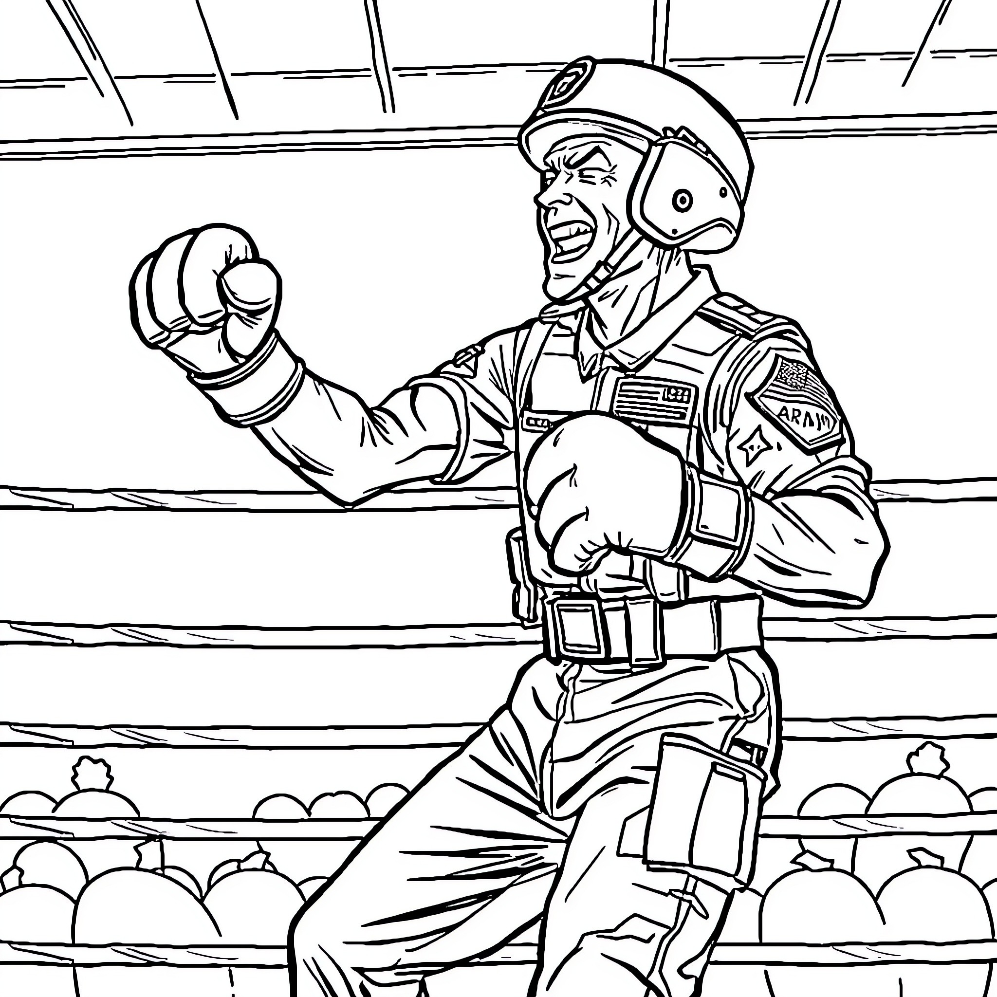 Soldier in action, pumped up for the fight Coloring Page (free black-and-white line drawing printable PDF for all, from beginners to advanced learners, including children, teens, adults, and seniors)
