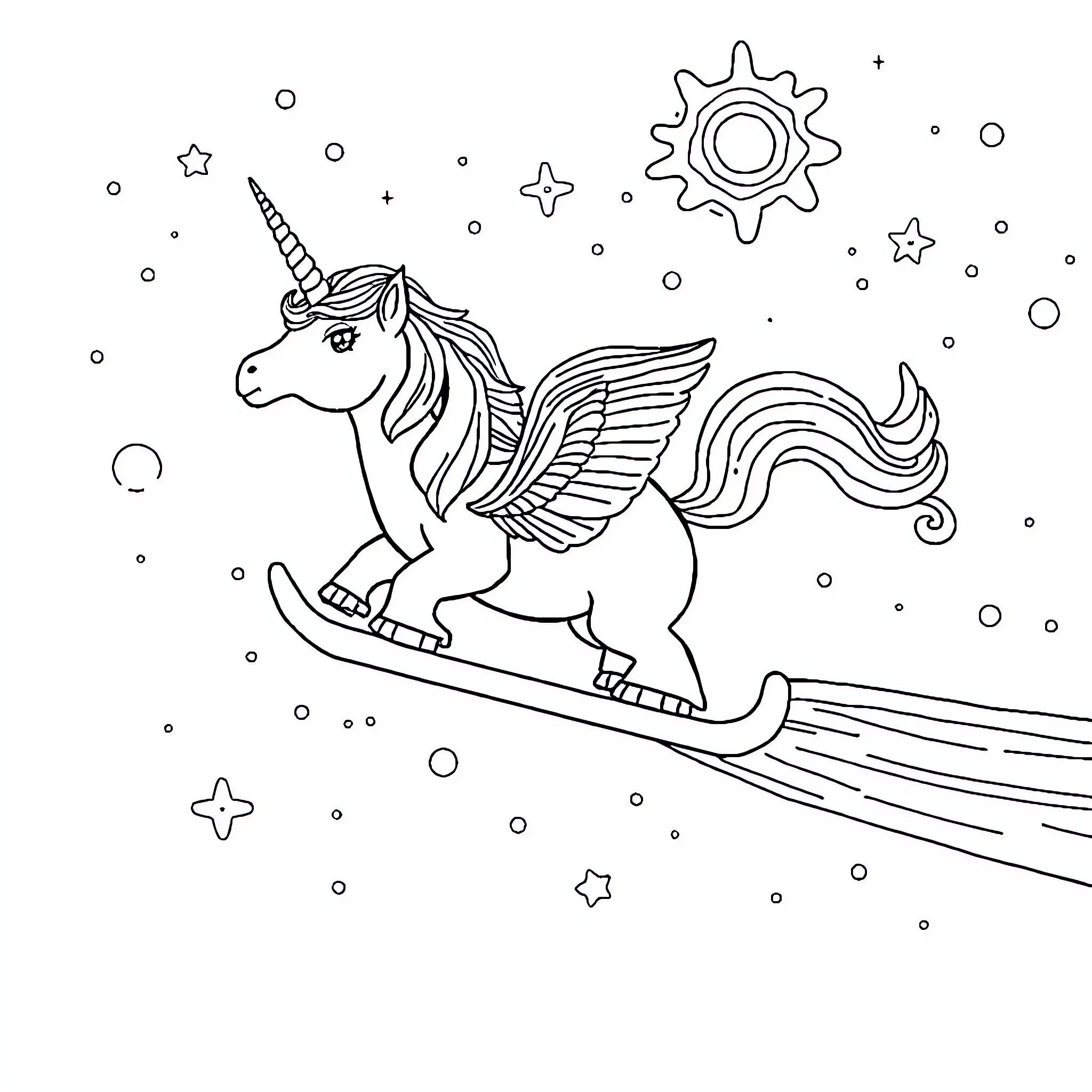 Unicorn flying through the magical night sky Coloring Page (free black-and-white line drawing printable PDF for all, from beginners to advanced learners, including children, teens, adults, and seniors)