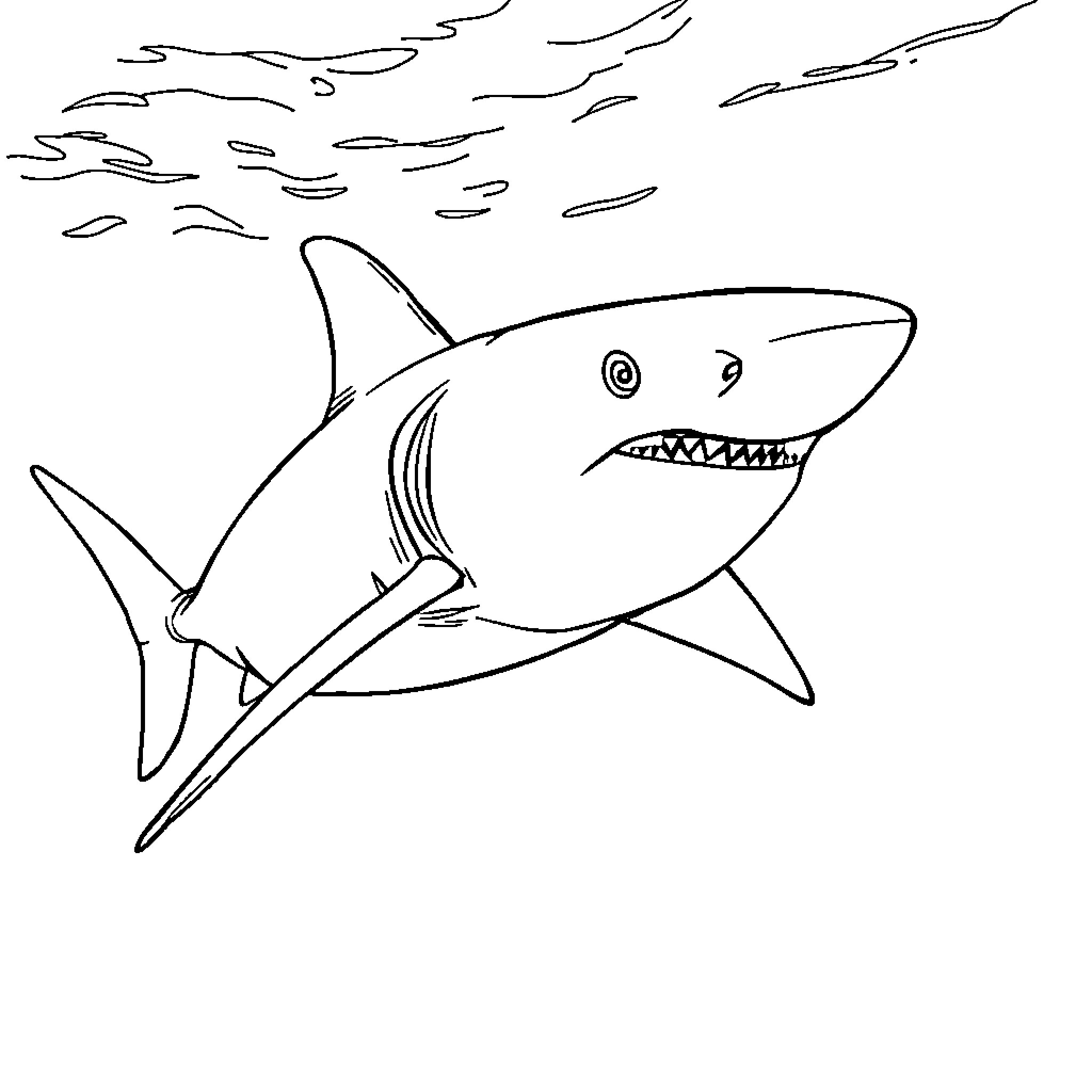 Shark swimming with open mouth Coloring Page (free black-and-white line drawing printable PDF for all, from beginners to advanced learners, including children, teens, adults, and seniors)