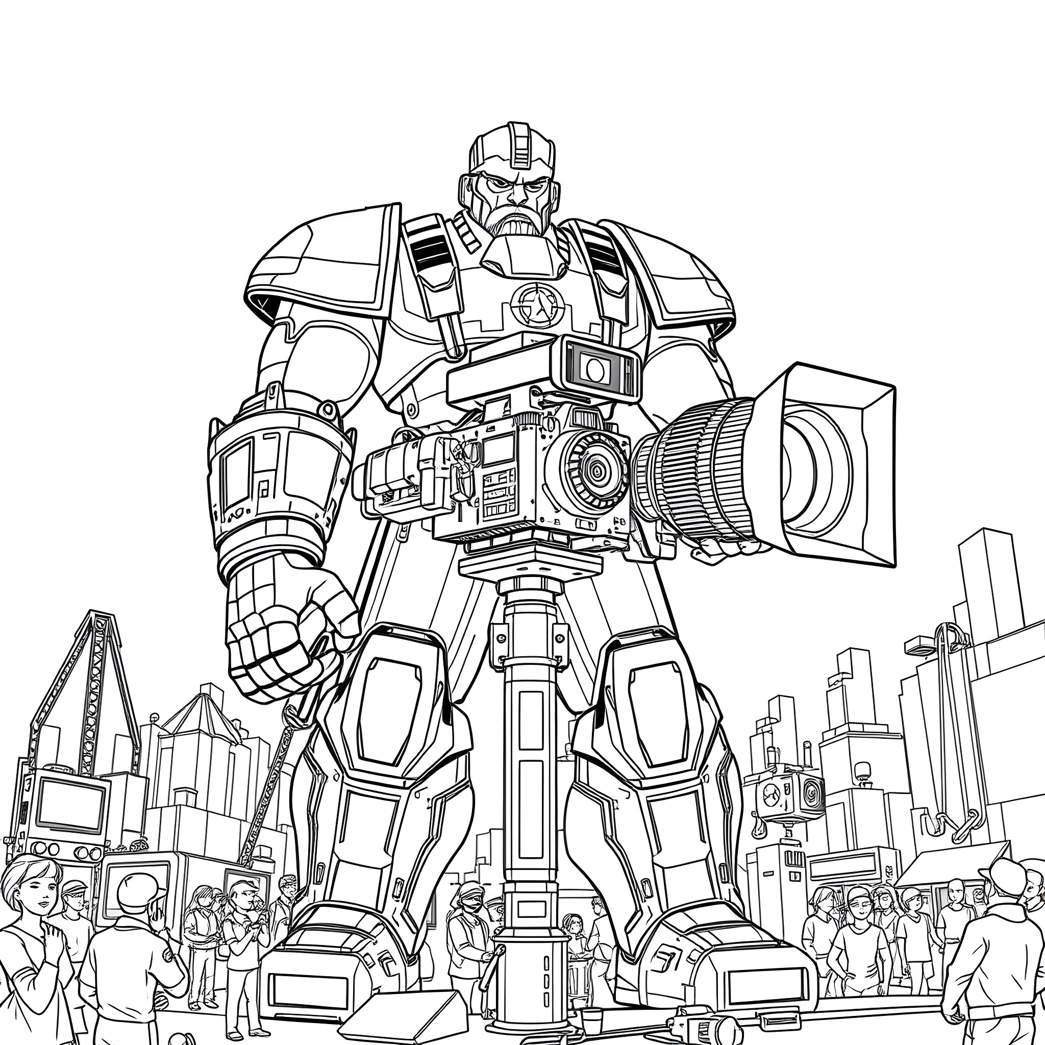 Titan Robot Towers Over the City Coloring Page (free black-and-white line drawing printable PDF for all, from beginners to advanced learners, including children, teens, adults, and seniors)