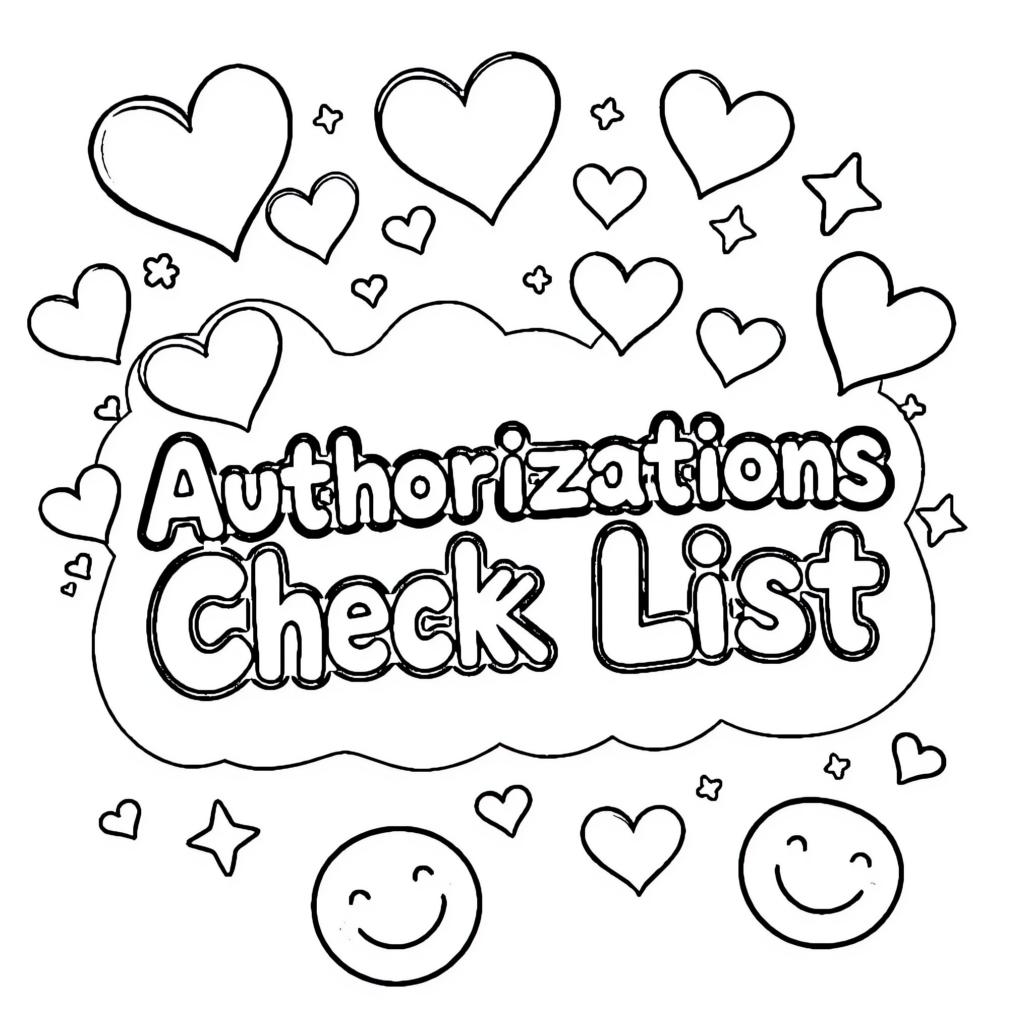 Letter Authorizations Check List with Hearts and Smiles Coloring Page (free black-and-white line drawing printable PDF for all, from beginners to advanced learners, including children, teens, adults, and seniors)