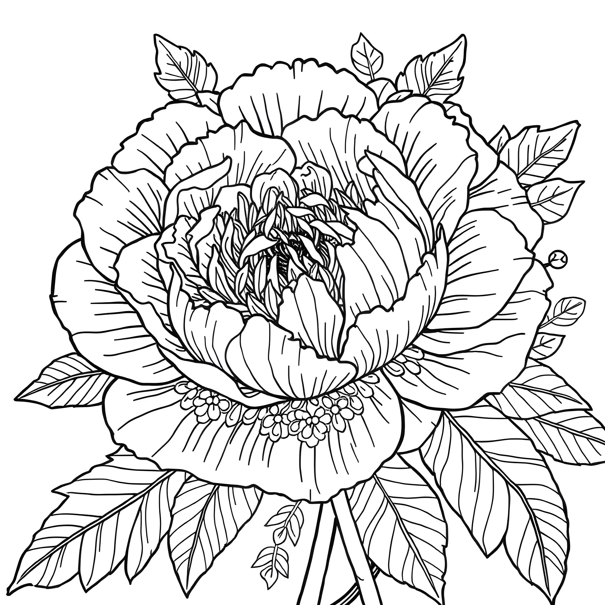 Peony flower in detailed line art Coloring Page (free black-and-white line drawing printable PDF for all, from beginners to advanced learners, including children, teens, adults, and seniors)
