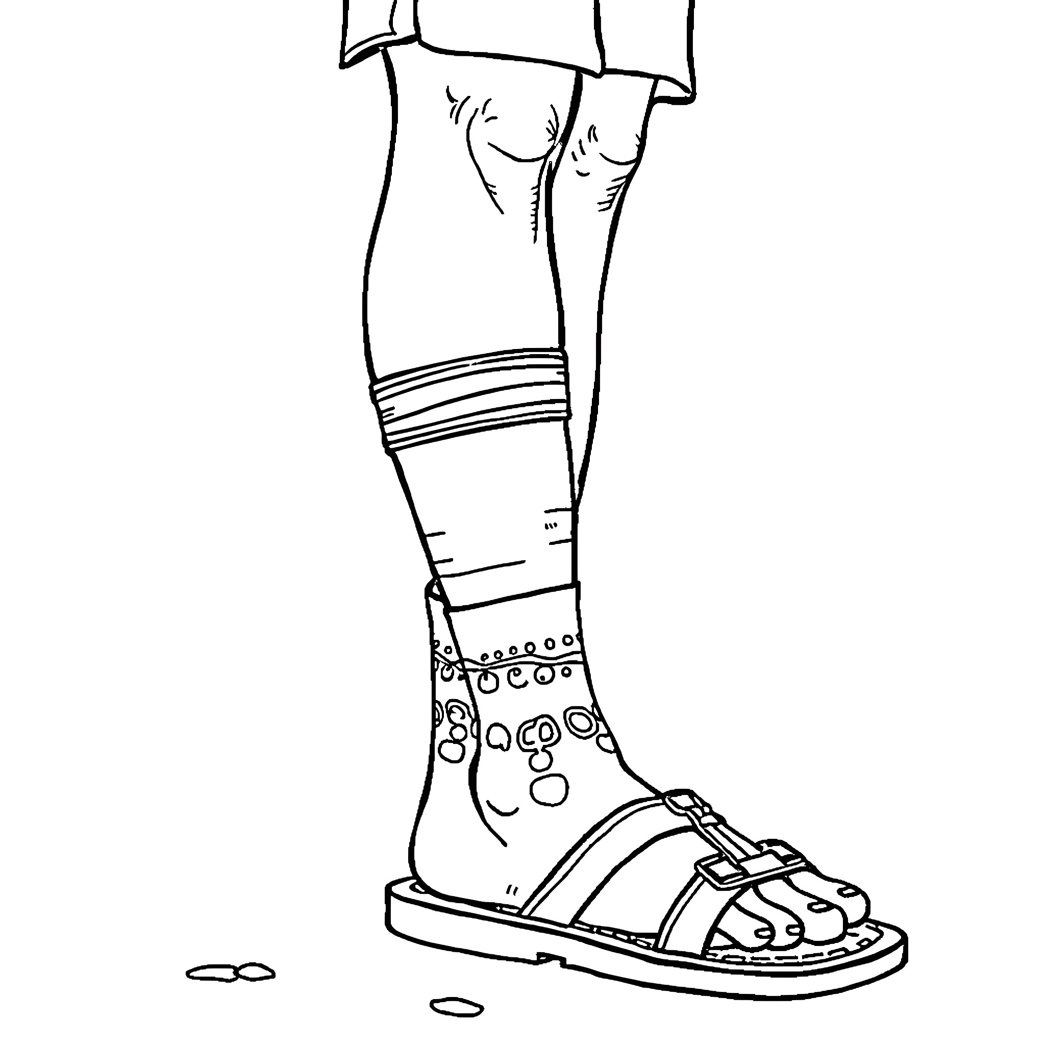 Man wearing decorated sandals standing on ground Coloring Page (free black-and-white line drawing printable PDF for all, from beginners to advanced learners, including children, teens, adults, and seniors)