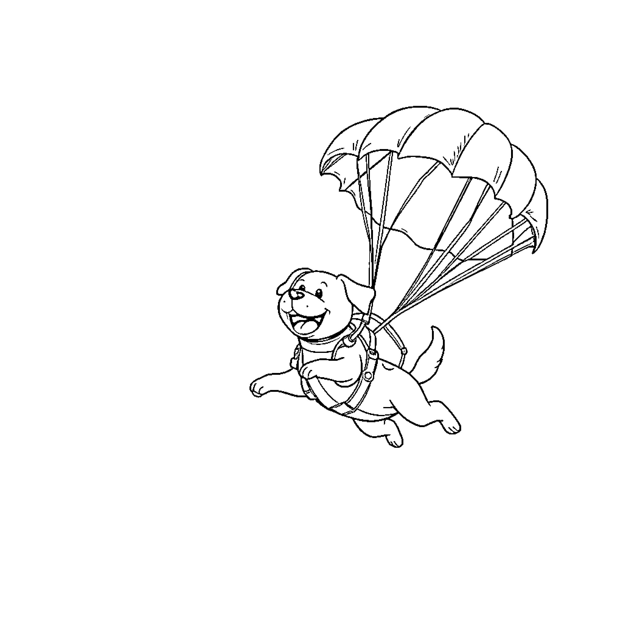 Dog skydiving with parachute Coloring Page (free black-and-white line drawing printable PDF for all, from beginners to advanced learners, including children, teens, adults, and seniors)