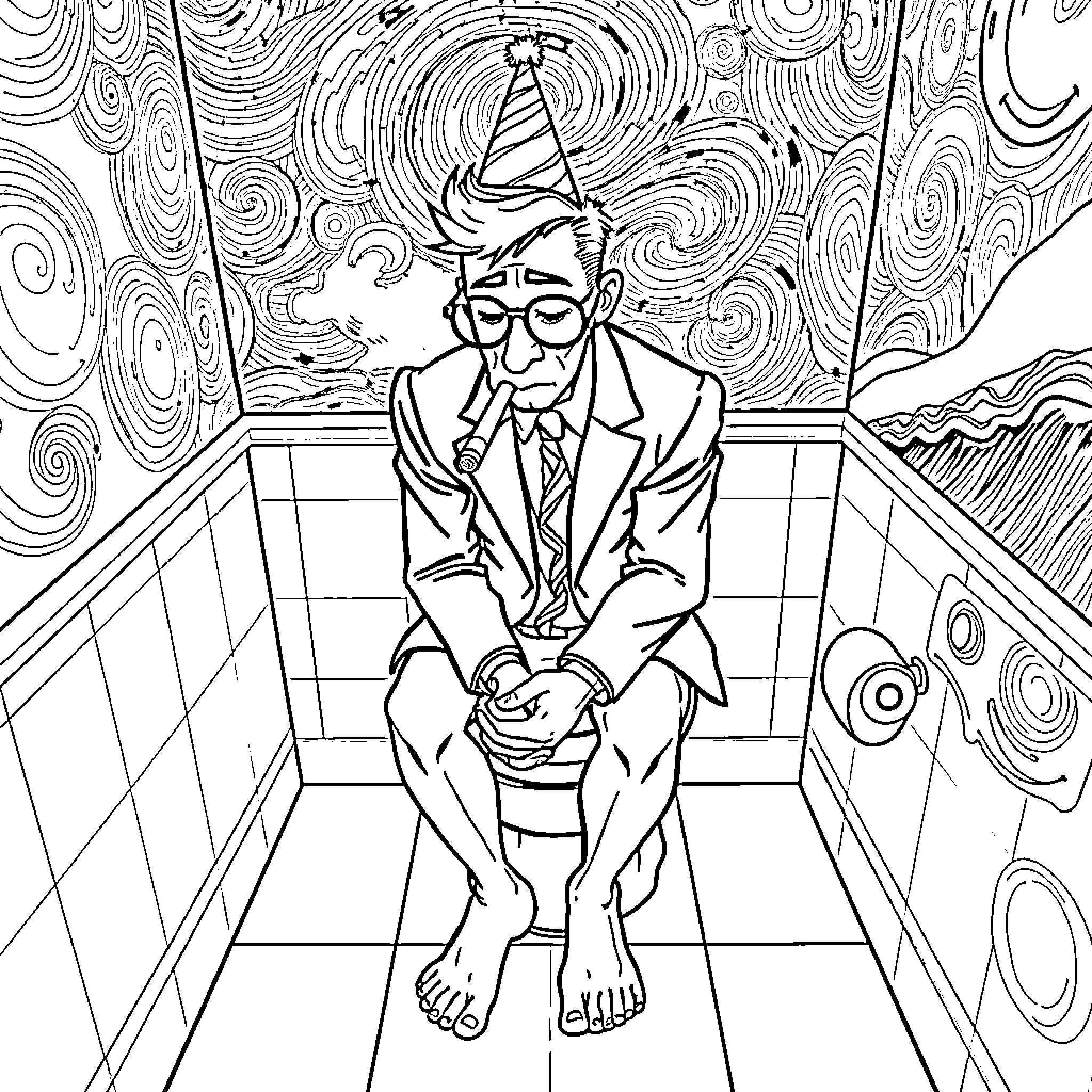 Man in formal attire sitting alone in a surreal bathroom Coloring Page (free black-and-white line drawing printable PDF for all, from beginners to advanced learners, including children, teens, adults, and seniors)