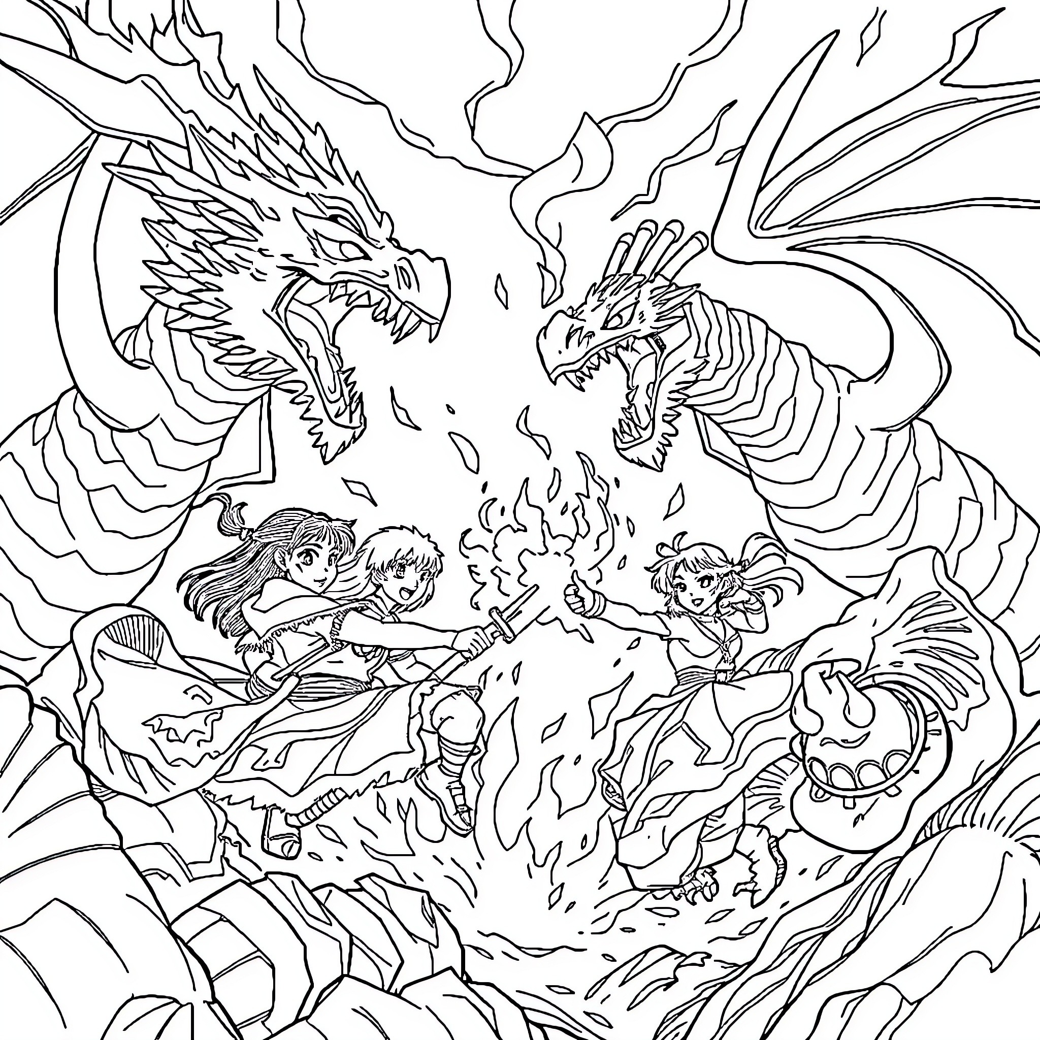 Dragon warriors battling fierce dragon creatures Coloring Page (free black-and-white line drawing printable PDF for all, from beginners to advanced learners, including children, teens, adults, and seniors)