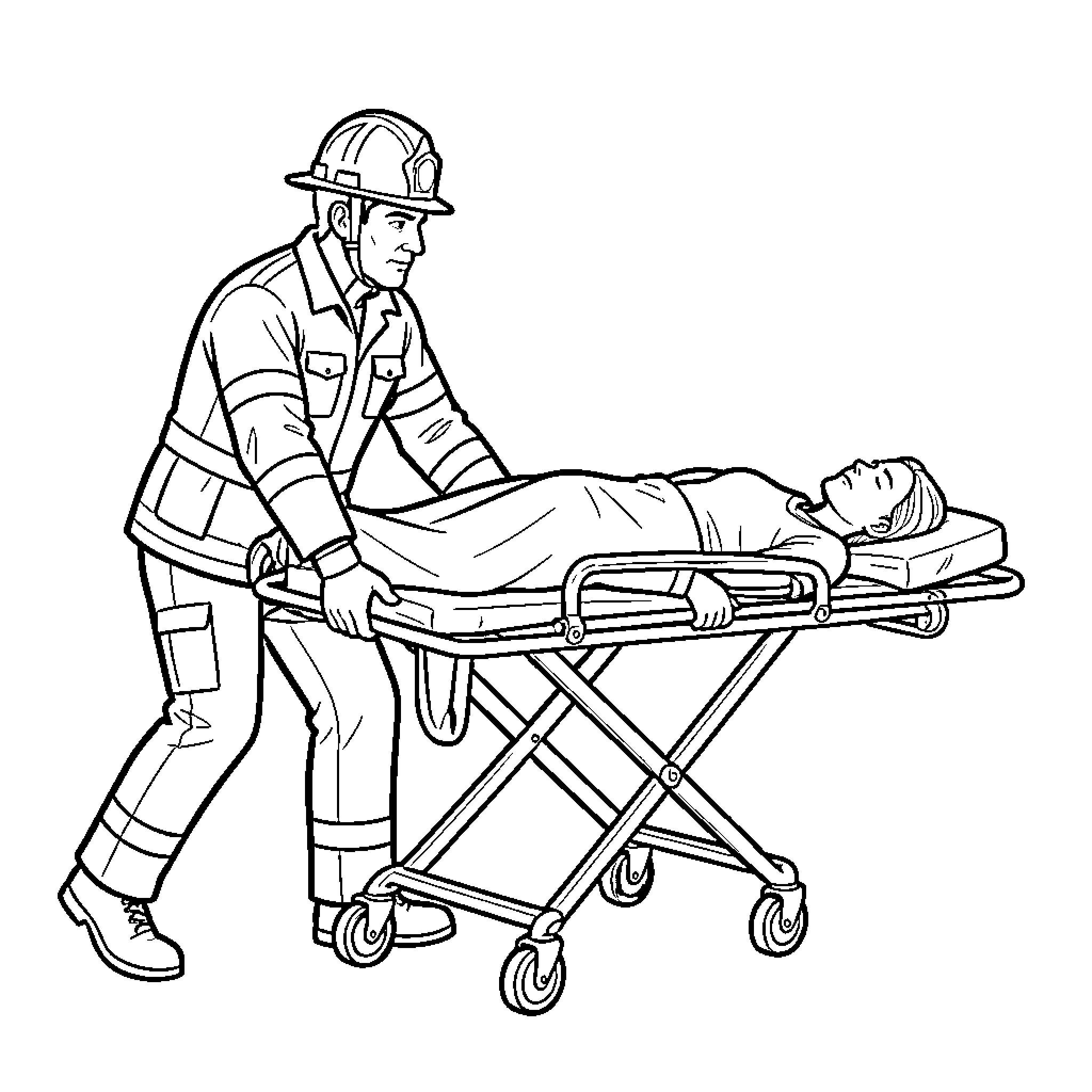 Secouriste pushing a patient on a stretcher Coloring Page (free black-and-white line drawing printable PDF for all, from beginners to advanced learners, including children, teens, adults, and seniors)