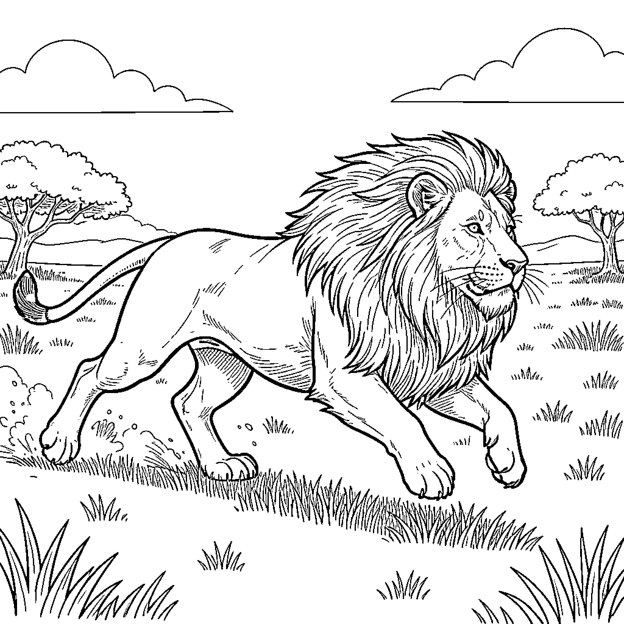 Lion walking majestically through the grassy savanna Coloring Page (free black-and-white line drawing printable PDF for all, from beginners to advanced learners, including children, teens, adults, and seniors)