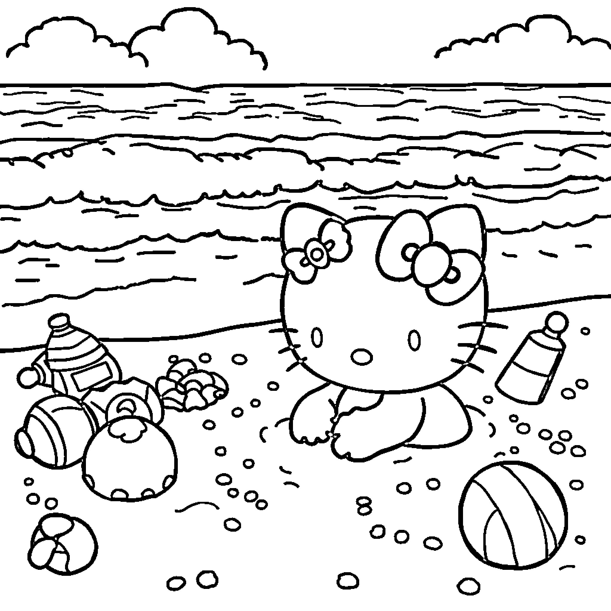 Hello Kitty enjoys the beach with toys and waves Coloring Page (free black-and-white line drawing printable PDF for all, from beginners to advanced learners, including children, teens, adults, and seniors)