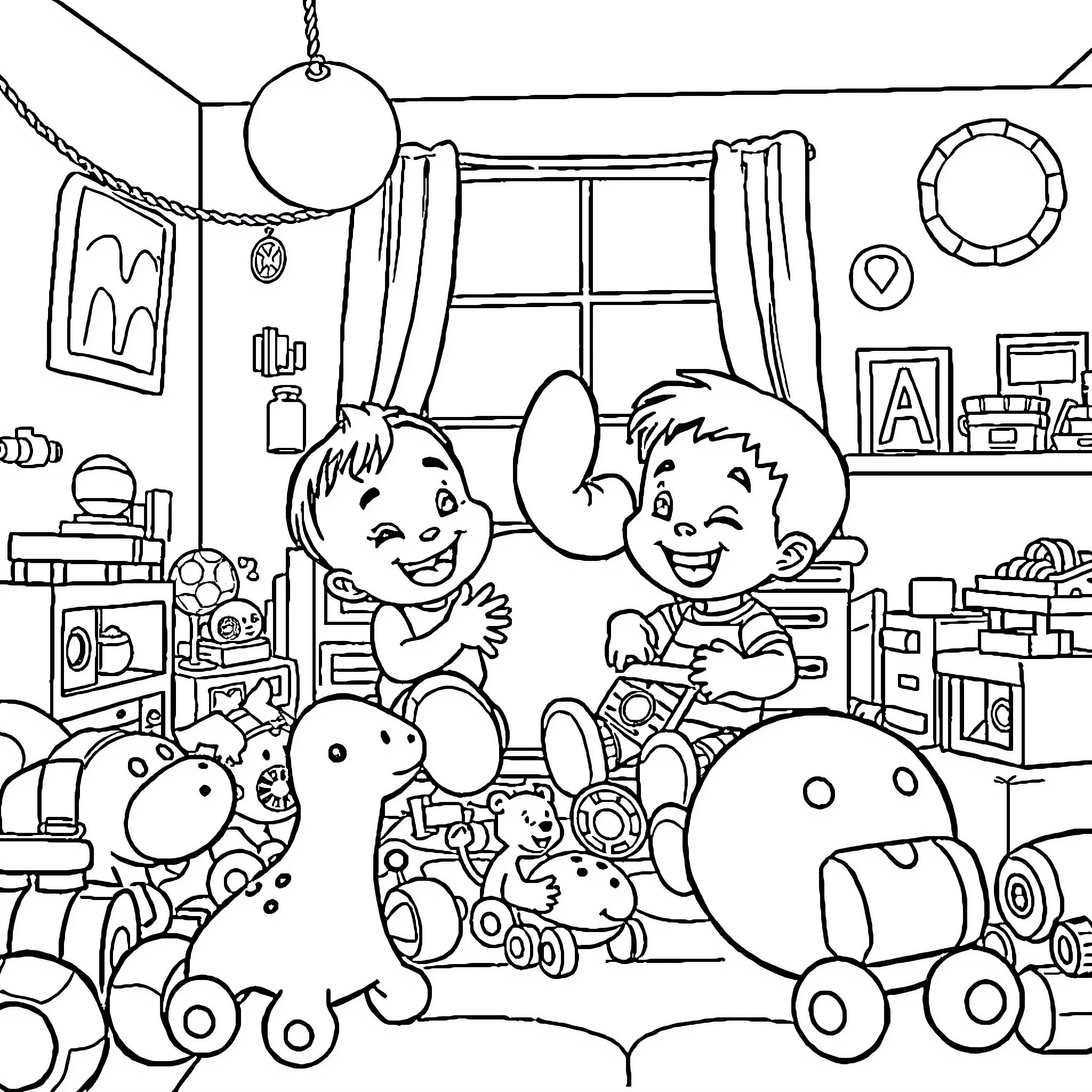 Banban's Playful Adventure in a Cozy Room Coloring Page (free black-and-white line drawing printable PDF for all, from beginners to advanced learners, including children, teens, adults, and seniors)