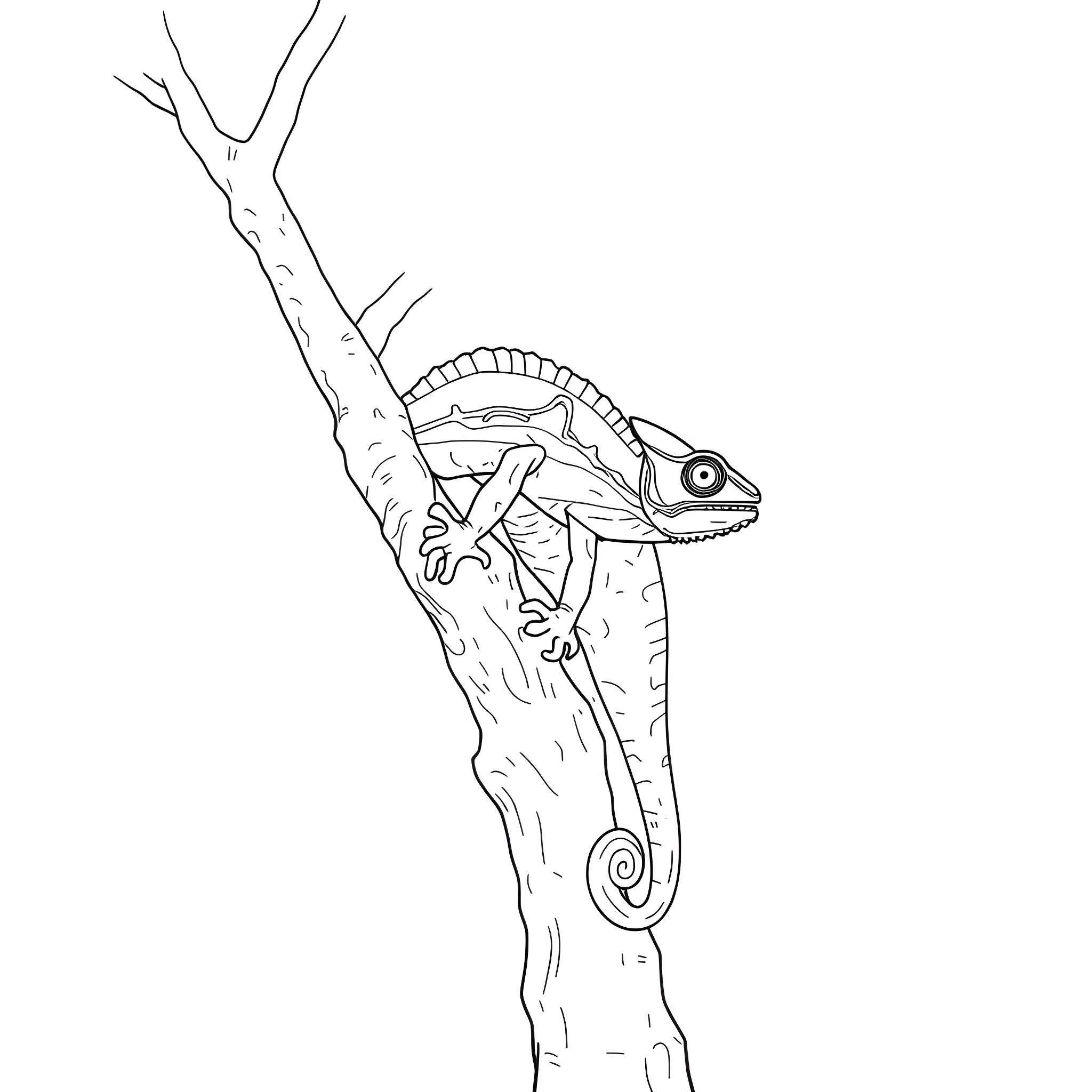 Chameleon climbing on a branch Coloring Page (free black-and-white line drawing printable PDF for all, from beginners to advanced learners, including children, teens, adults, and seniors)