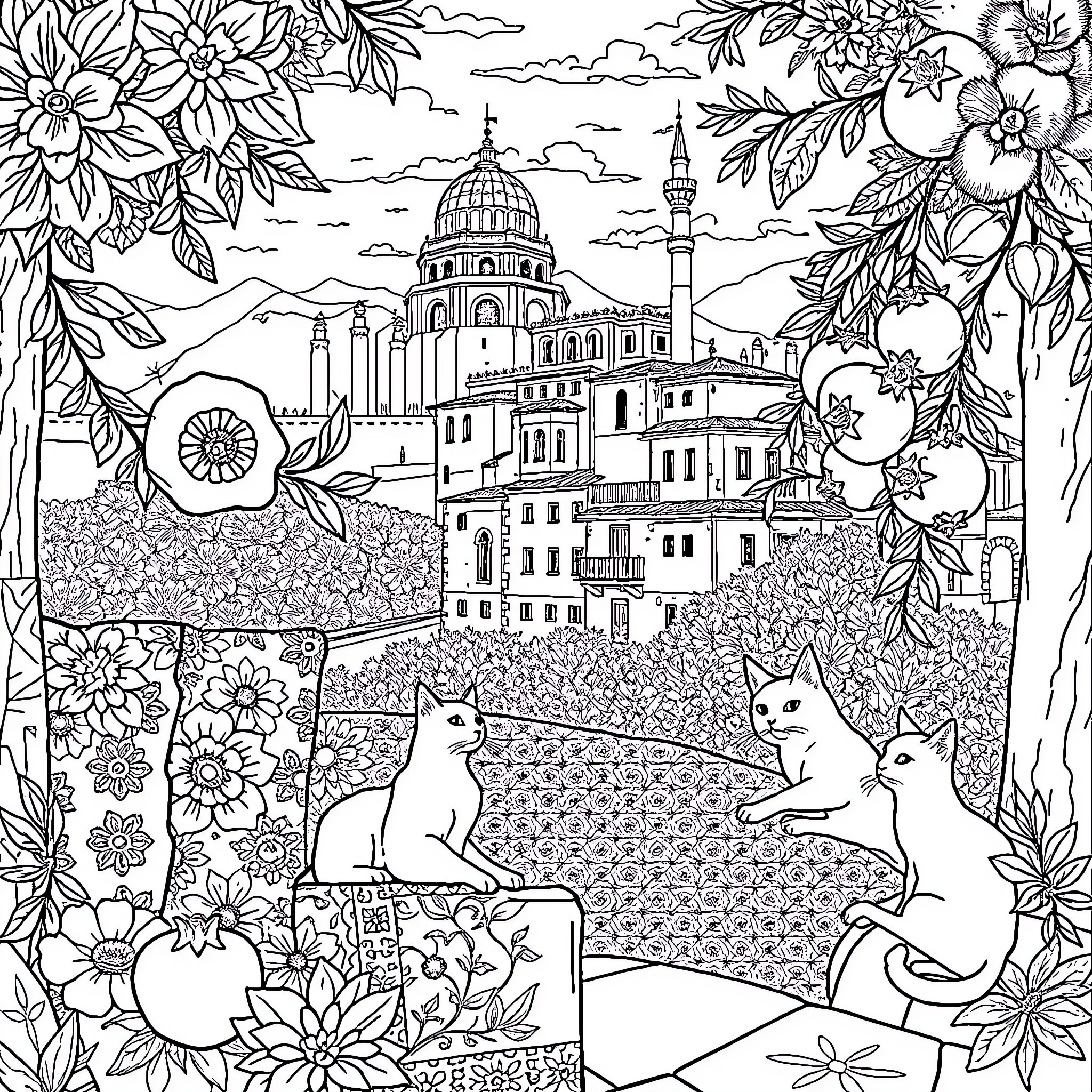 Flower Painting of Intricate Architectural Scene Coloring Page (free black-and-white line drawing printable PDF for all, from beginners to advanced learners, including children, teens, adults, and seniors)