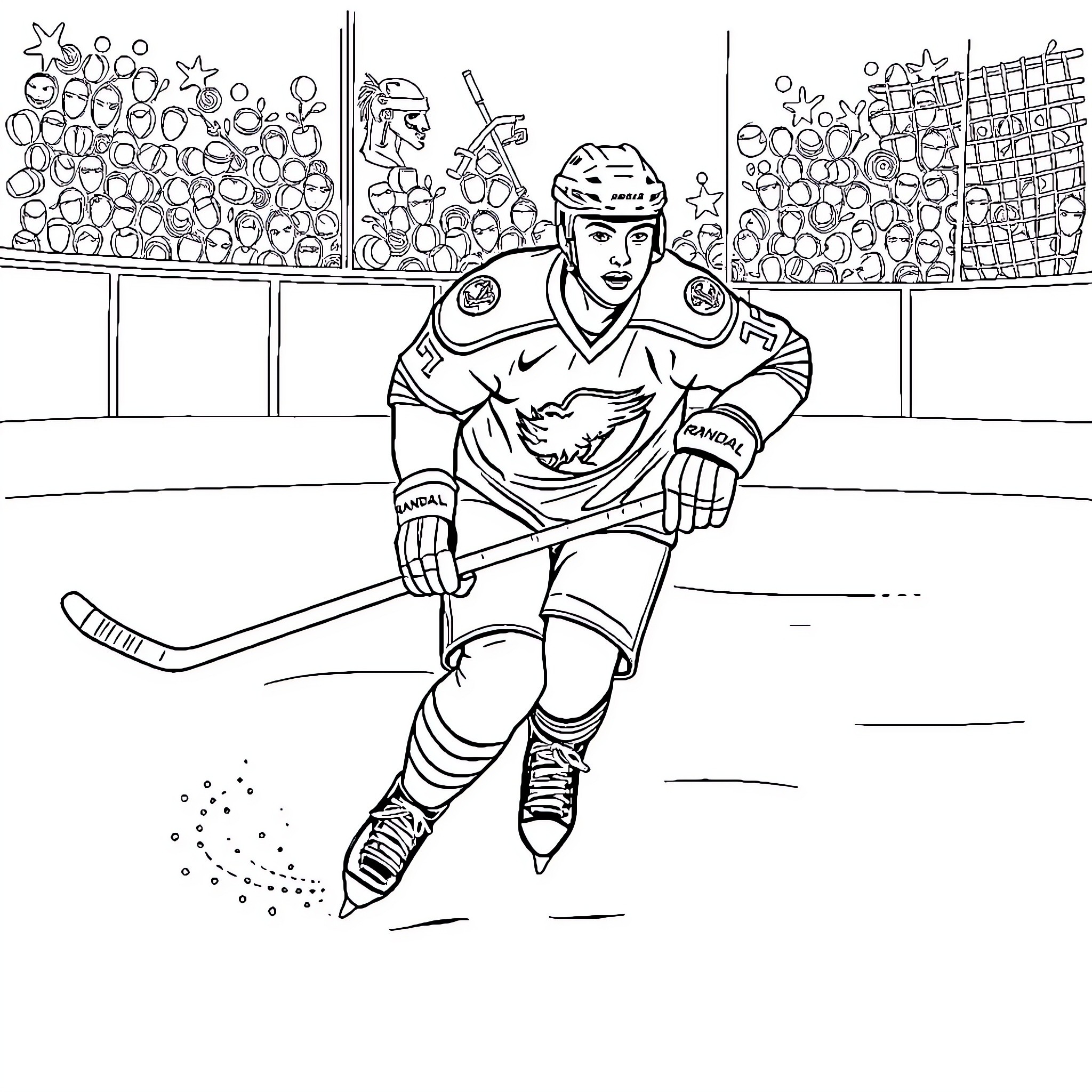 Randal the Hockey Player on the Ice Rink Coloring Page (free black-and-white line drawing printable PDF for all, from beginners to advanced learners, including children, teens, adults, and seniors)