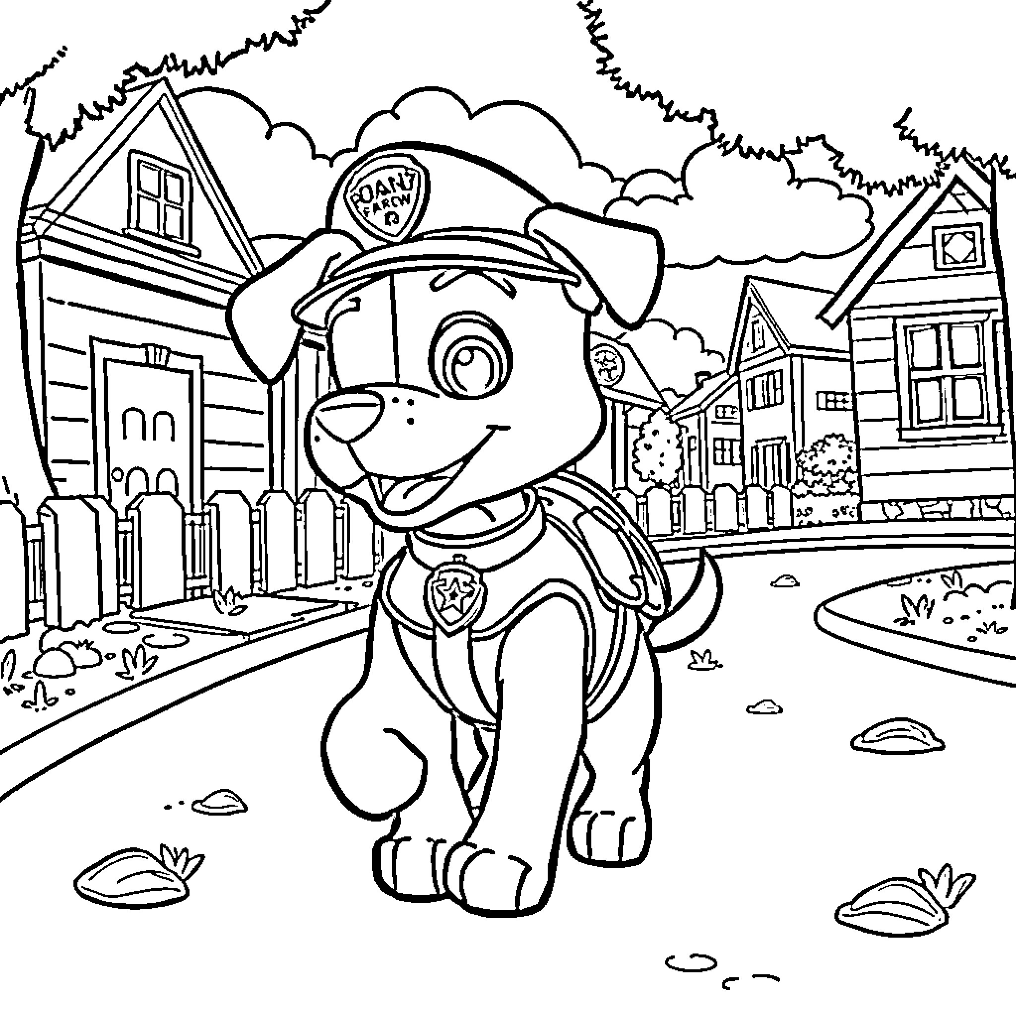 Paw Patrol character exploring a neighborhood Coloring Page (free black-and-white line drawing printable PDF for all, from beginners to advanced learners, including children, teens, adults, and seniors)