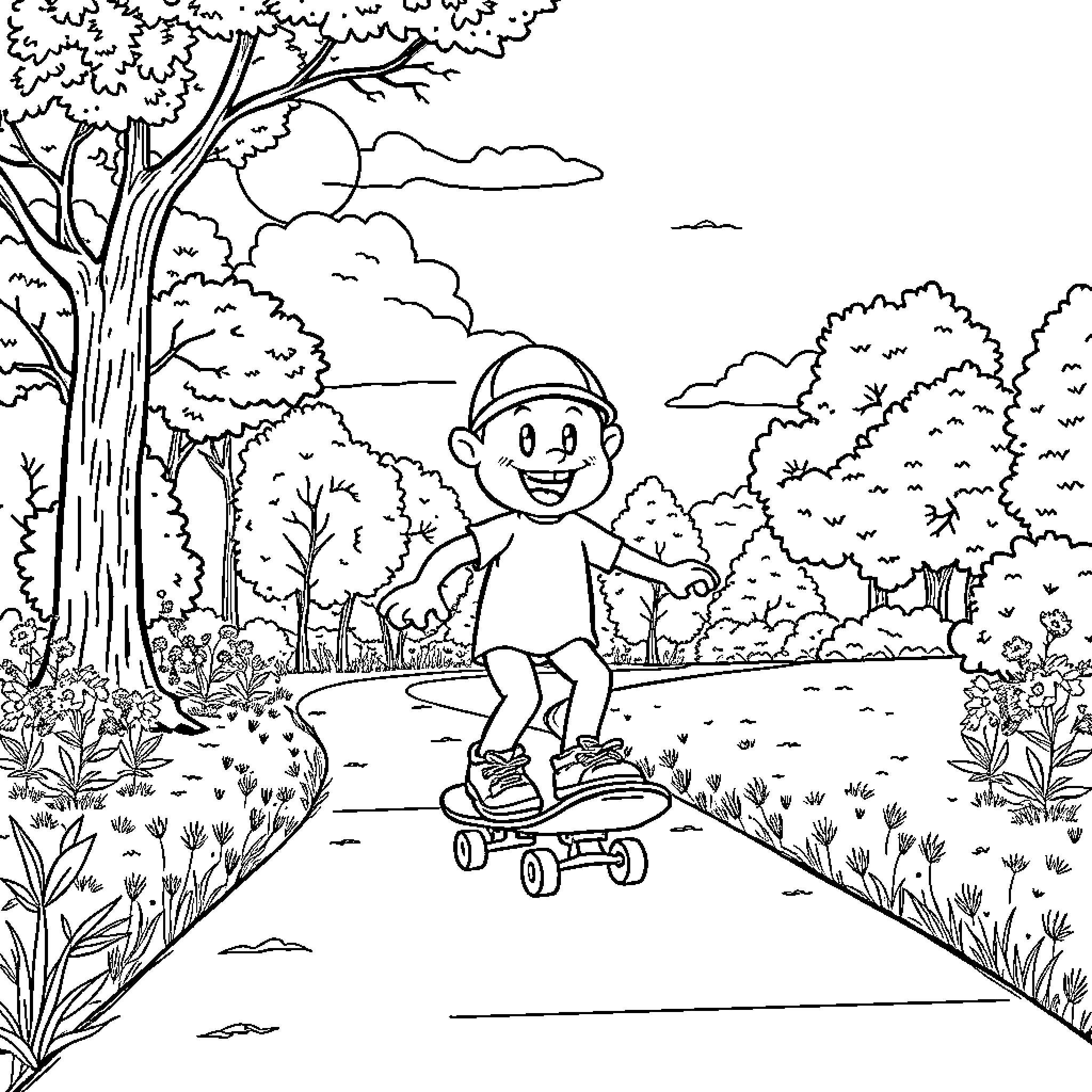 Bluey joyfully skateboarding through a lush outdoor scene Coloring Page (free black-and-white line drawing printable PDF for all, from beginners to advanced learners, including children, teens, adults, and seniors)