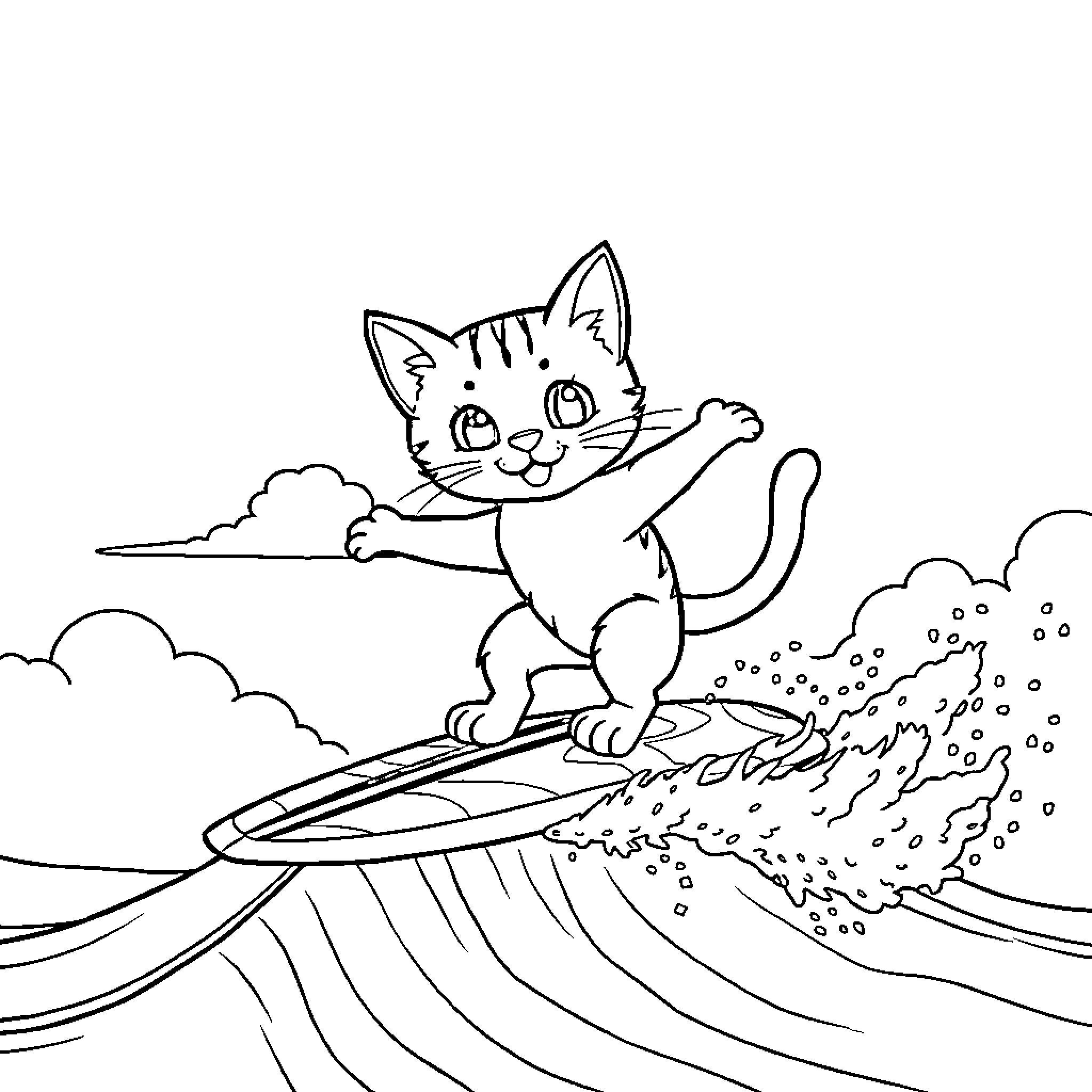 Cat surfing the ocean waves Coloring Page (free black-and-white line drawing printable PDF for all, from beginners to advanced learners, including children, teens, adults, and seniors)