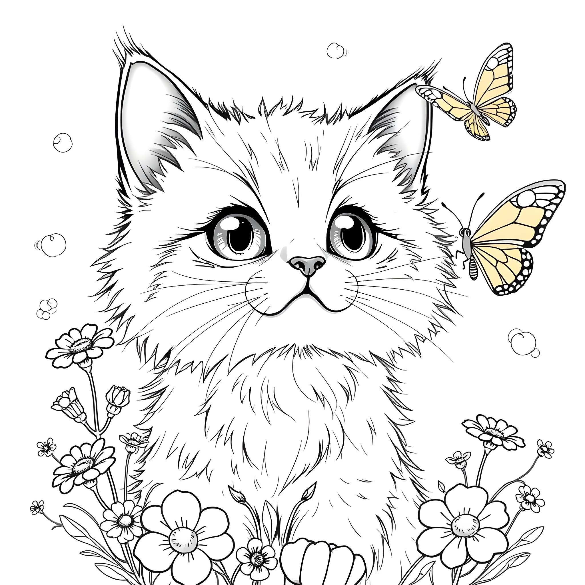 Cat surrounded by flowers and butterflies Coloring Page (free black-and-white line drawing printable PDF for all, from beginners to advanced learners, including children, teens, adults, and seniors)