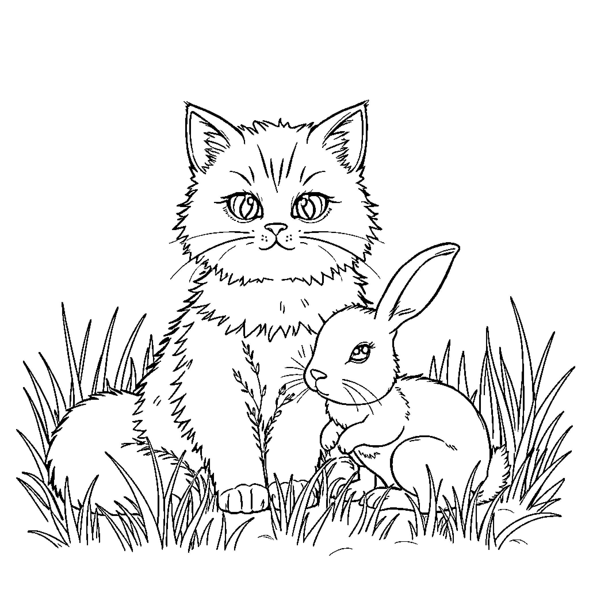 Cat and Bunny in the Meadow Coloring Page (free black-and-white line drawing printable PDF for all, from beginners to advanced learners, including children, teens, adults, and seniors)