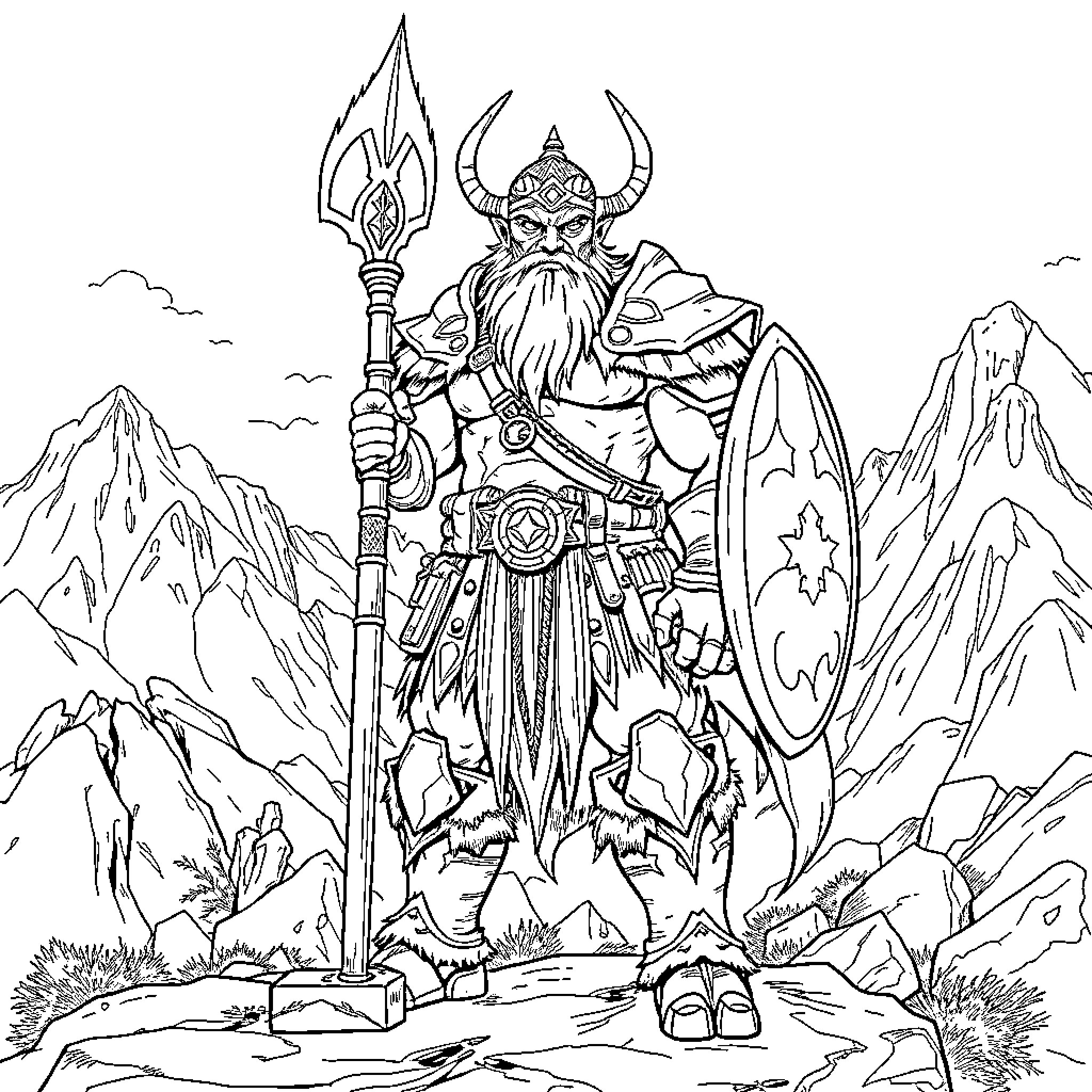 Orc Warrior Brandishing Weapon in Rugged Terrain Coloring Page (free black-and-white line drawing printable PDF for all, from beginners to advanced learners, including children, teens, adults, and seniors)