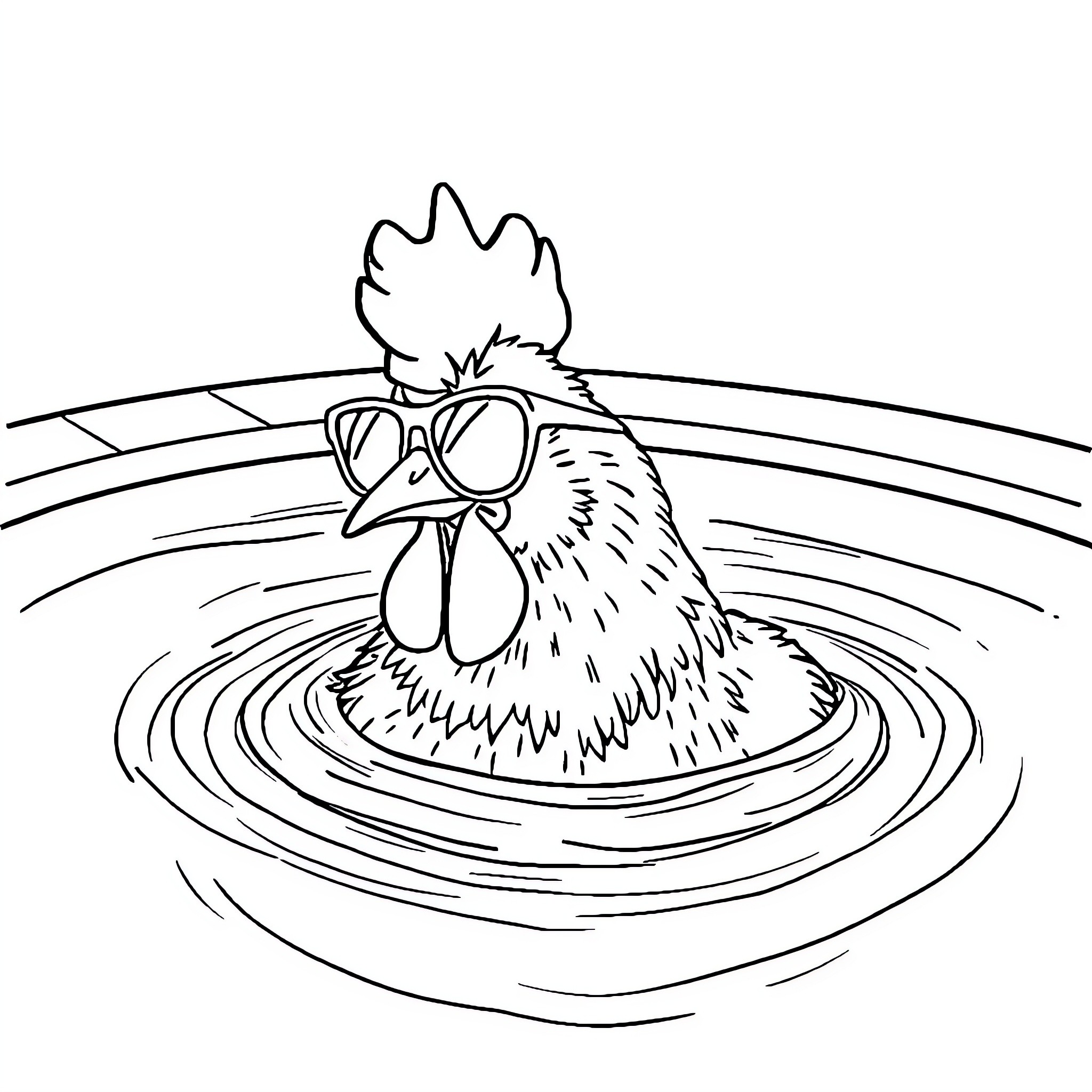 Chicken enjoying a refreshing bath Coloring Page (free black-and-white line drawing printable PDF for all, from beginners to advanced learners, including children, teens, adults, and seniors)