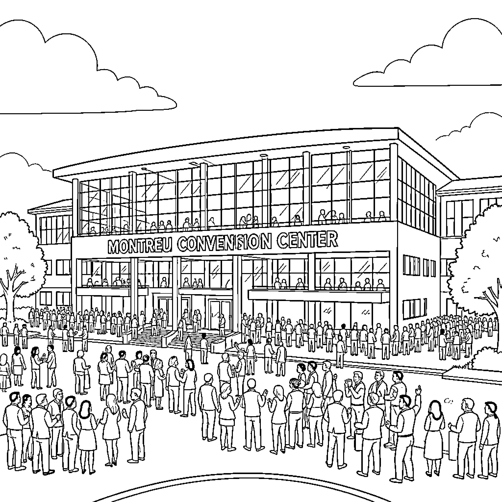 Montreux Convention Center hosting a large crowd of people Coloring Page (free black-and-white line drawing printable PDF for all, from beginners to advanced learners, including children, teens, adults, and seniors)