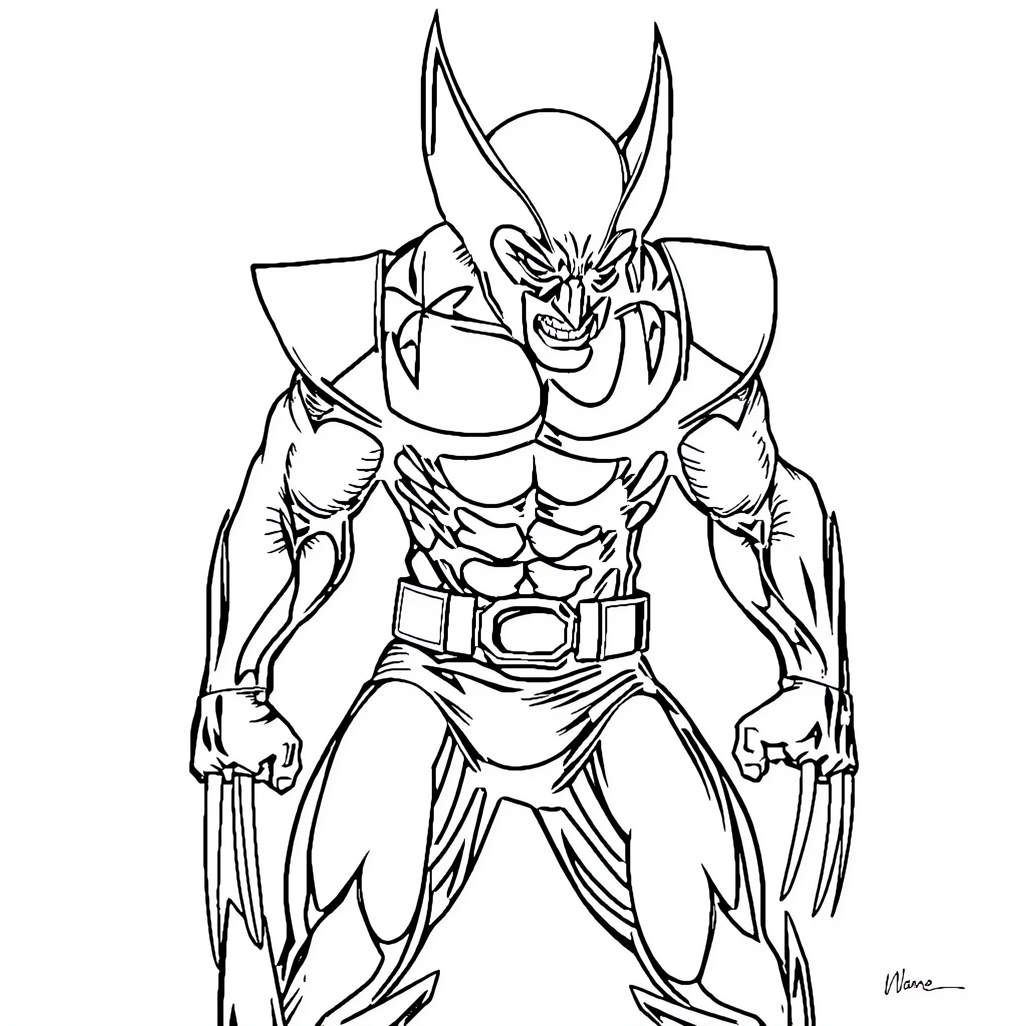 Wolverine in fierce battle stance Coloring Page (free black-and-white line drawing printable PDF for all, from beginners to advanced learners, including children, teens, adults, and seniors)