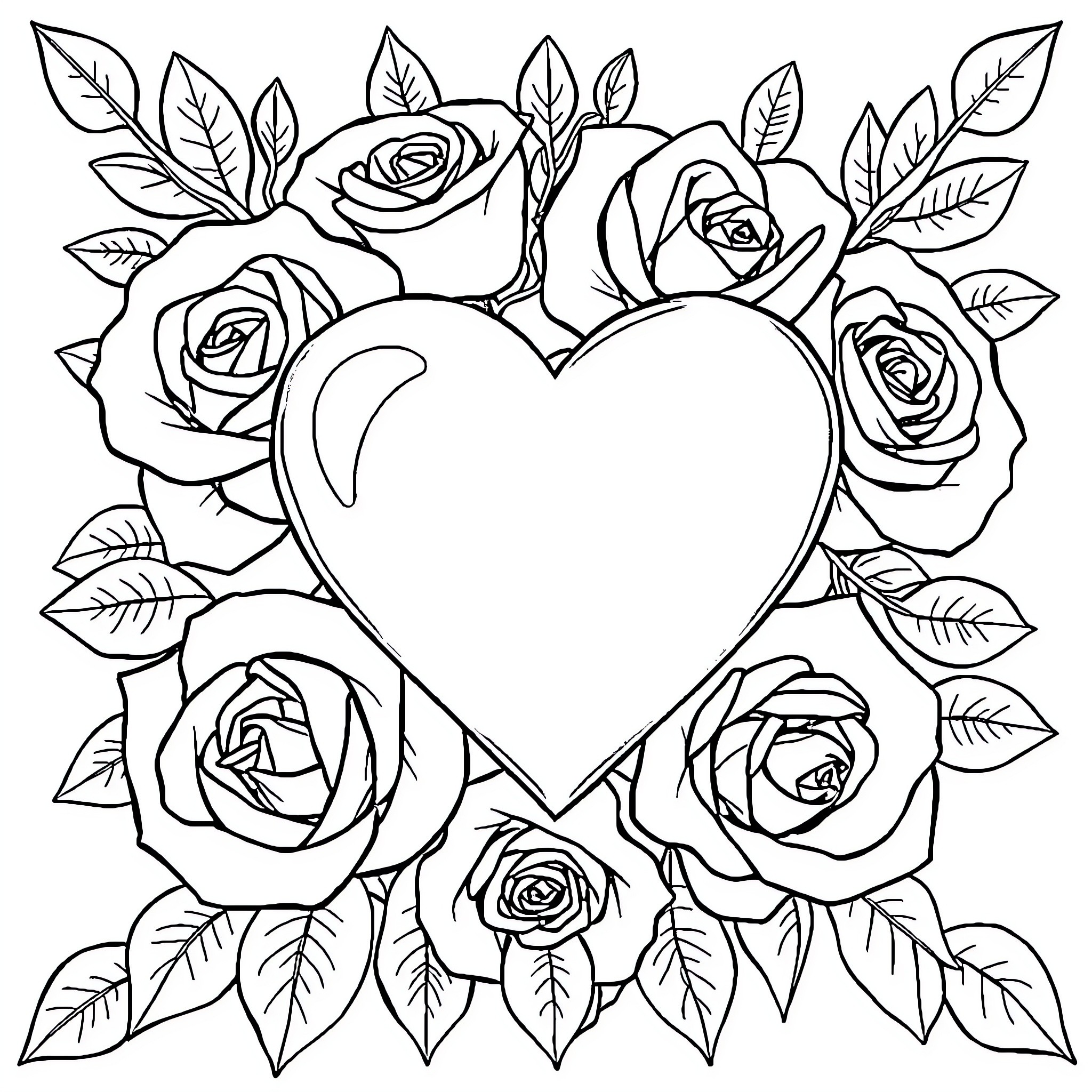 Heart surrounded by blooming roses and leaves Coloring Page (free black-and-white line drawing printable PDF for all, from beginners to advanced learners, including children, teens, adults, and seniors)