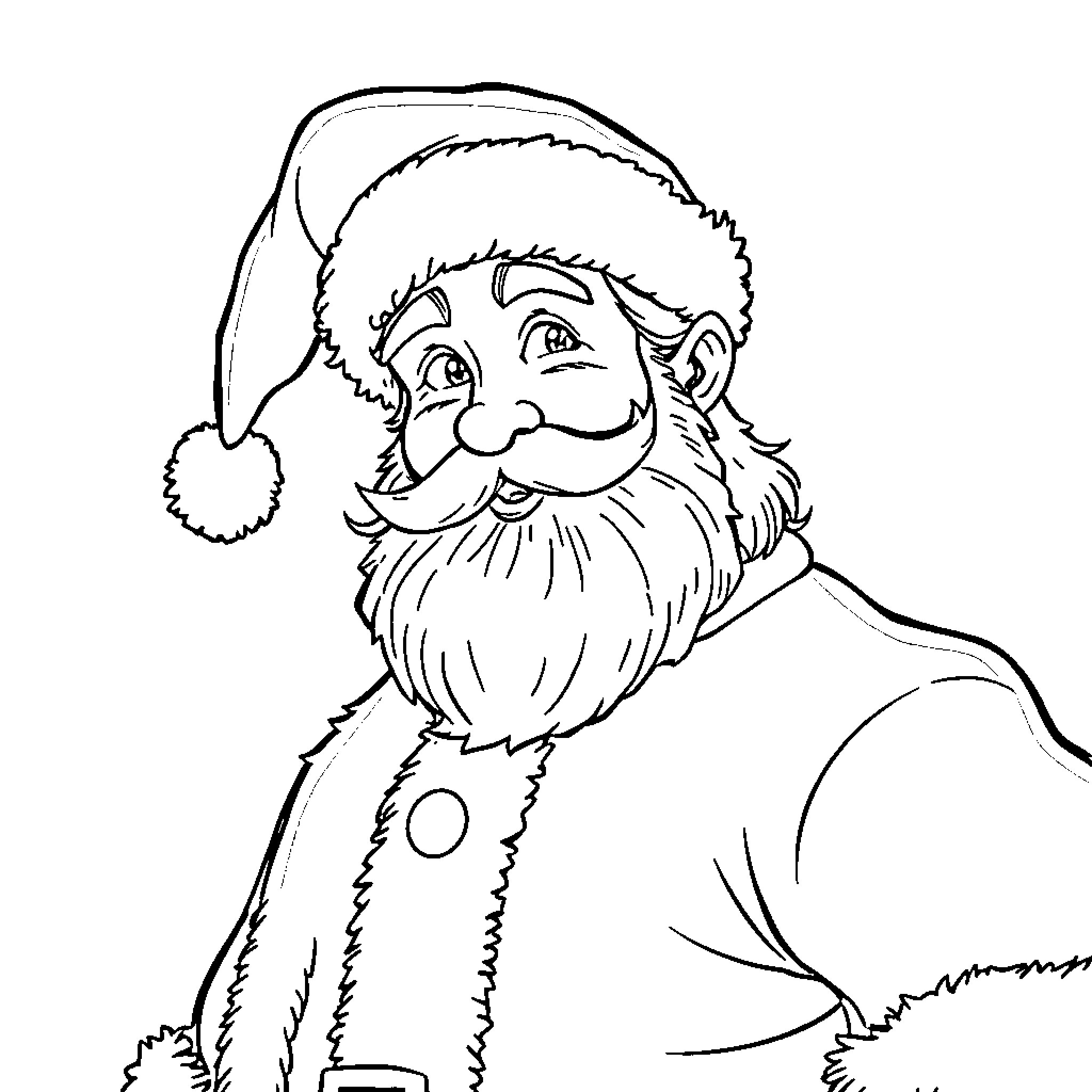 Santa in a thoughtful pose Coloring Page (free black-and-white line drawing printable PDF for all, from beginners to advanced learners, including children, teens, adults, and seniors)