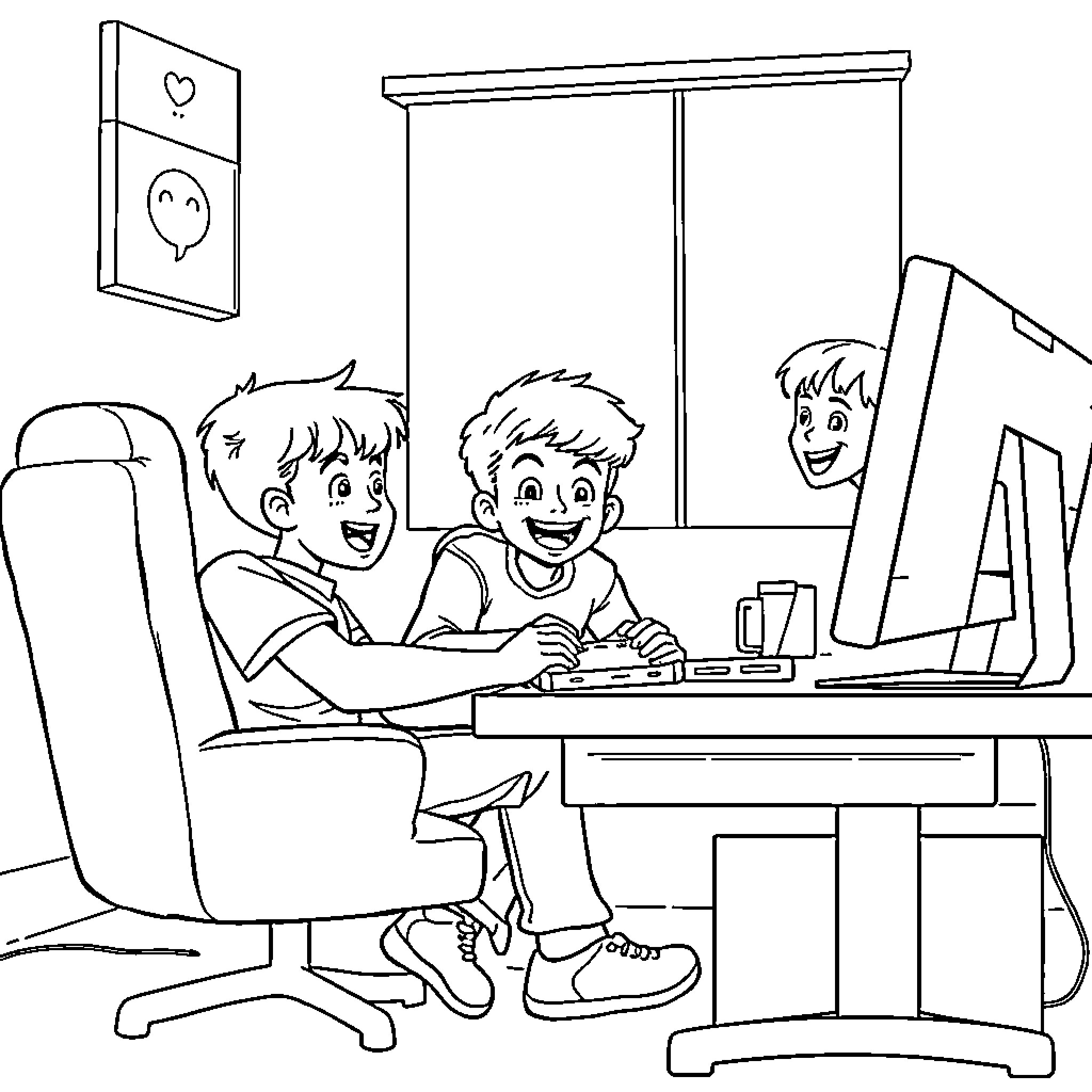 Boys playing computer games together in room Coloring Page (free black-and-white line drawing printable PDF for all, from beginners to advanced learners, including children, teens, adults, and seniors)