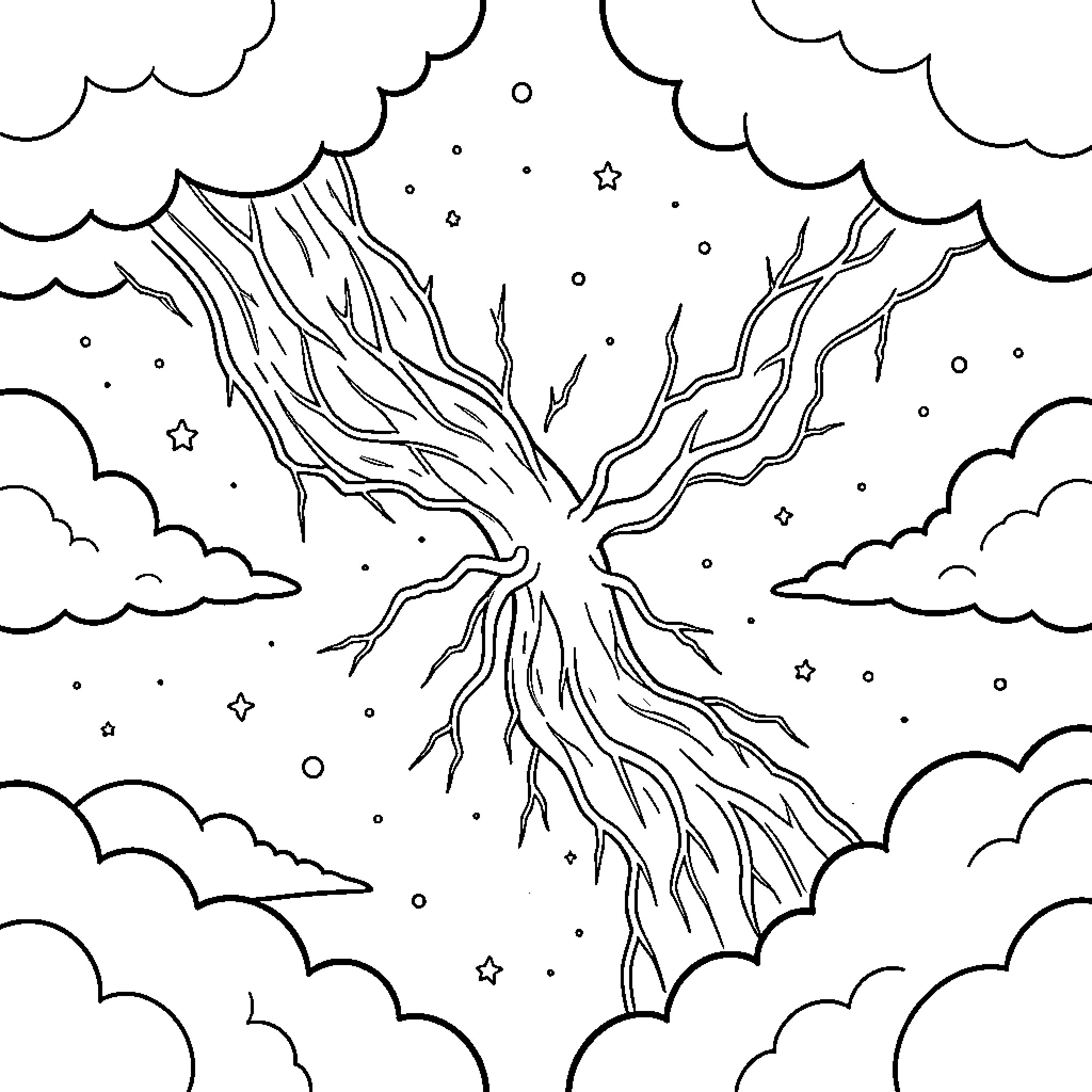 Electric Energy branching through clouds and stars Coloring Page (free black-and-white line drawing printable PDF for all, from beginners to advanced learners, including children, teens, adults, and seniors)