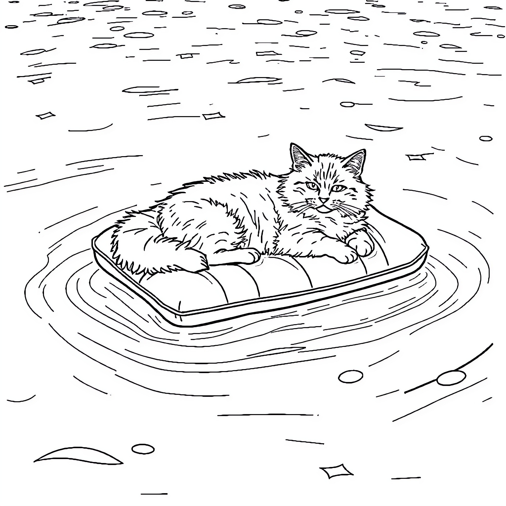 Cat resting comfortably on a floating device Coloring Page (free black-and-white line drawing printable PDF for all, from beginners to advanced learners, including children, teens, adults, and seniors)