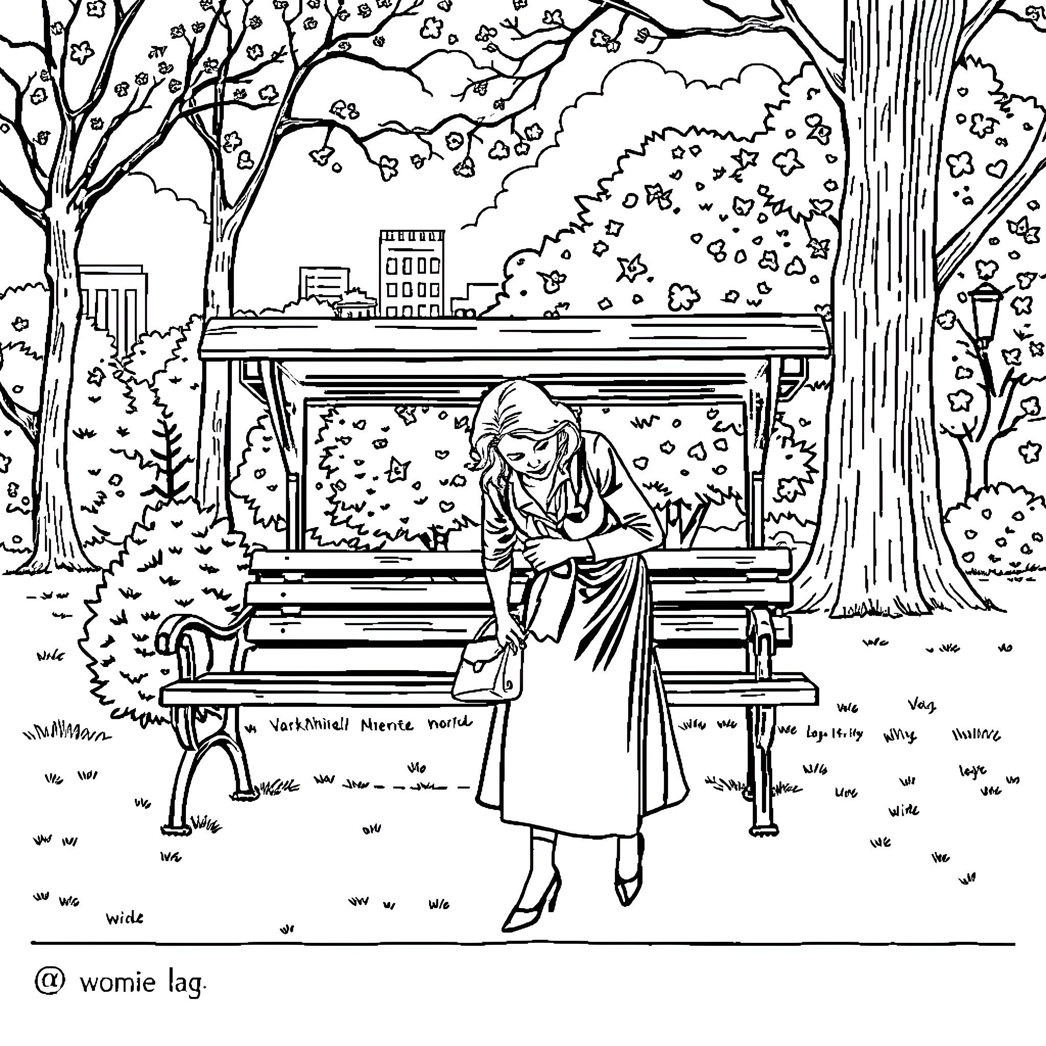 Lady sitting pensively on a park bench Coloring Page (free black-and-white line drawing printable PDF for all, from beginners to advanced learners, including children, teens, adults, and seniors)